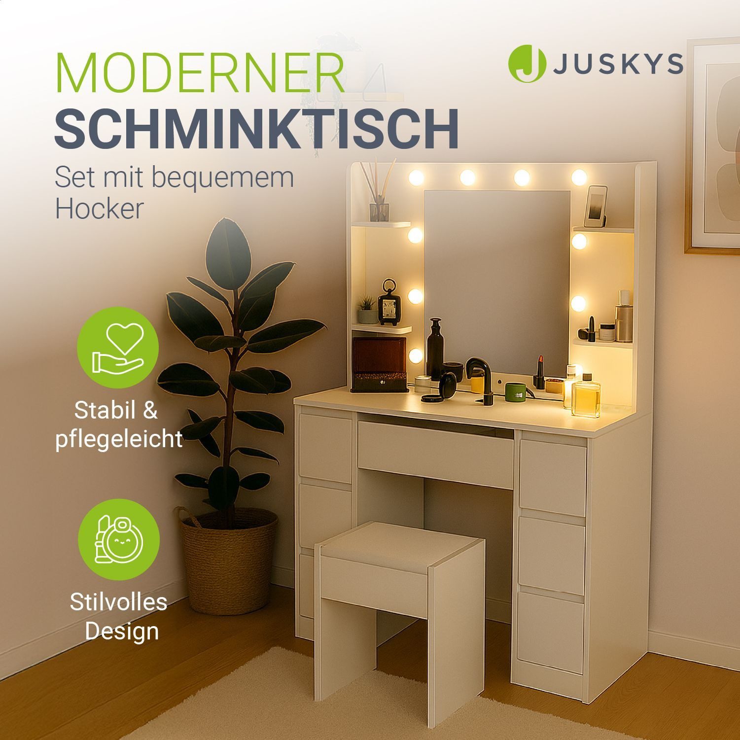 Juskys Schminktisch Malia, LED-Beleuchtung, 3 Helligkeitsstufen, günstig online kaufen
