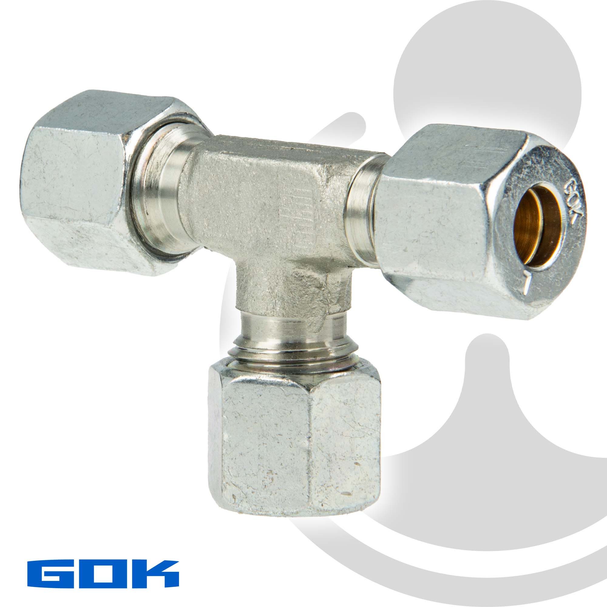 GOK Wasserrohr Schneidringverschraubung Typ T - T-Stück mit 3 x Verschraubung, 6 x 6 mm Schneidring Messing