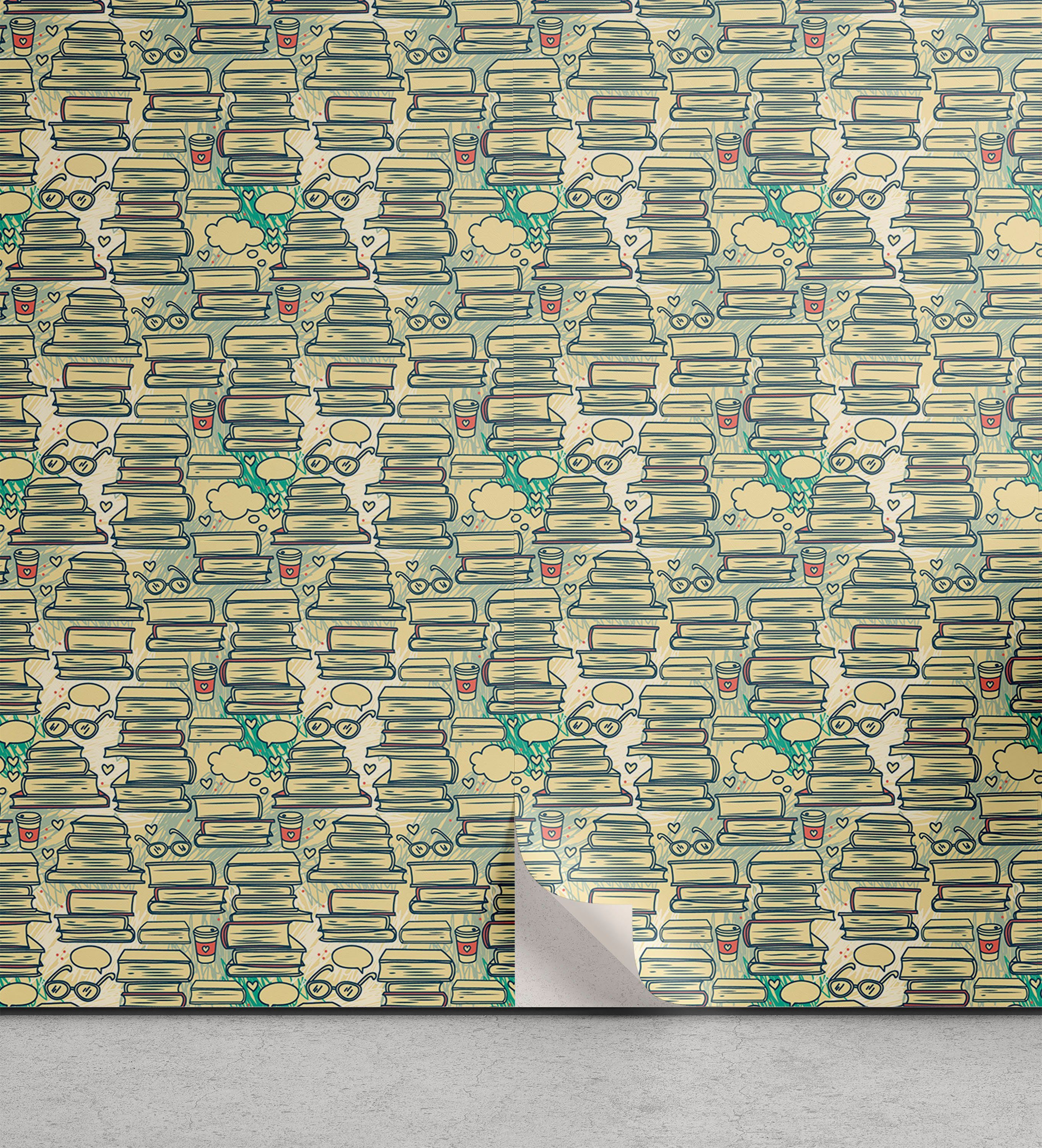 Abakuhaus Vinyltapete selbstklebendes Wohnzimmer Küchenakzent, Buchliebhaber Stapel Bücher Kaffee