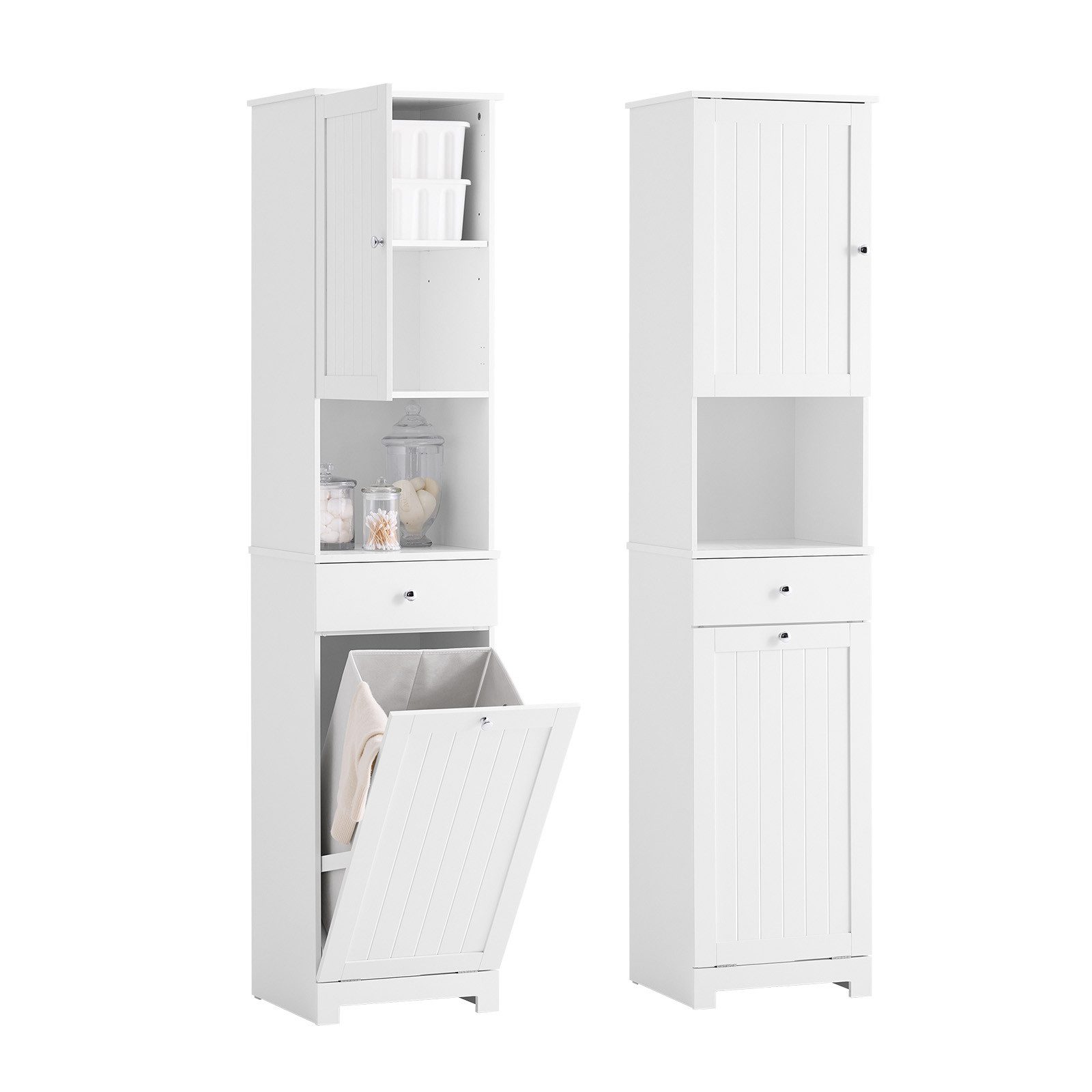 SoBuy Badkommode BZR216, Badezimmerschrank, 4-in-1 Hochschrank, Aufbewahrungsschrank, Badschrank schmal, offene Fächer, 1 Schublade, mit Wäschekorb & Türen
