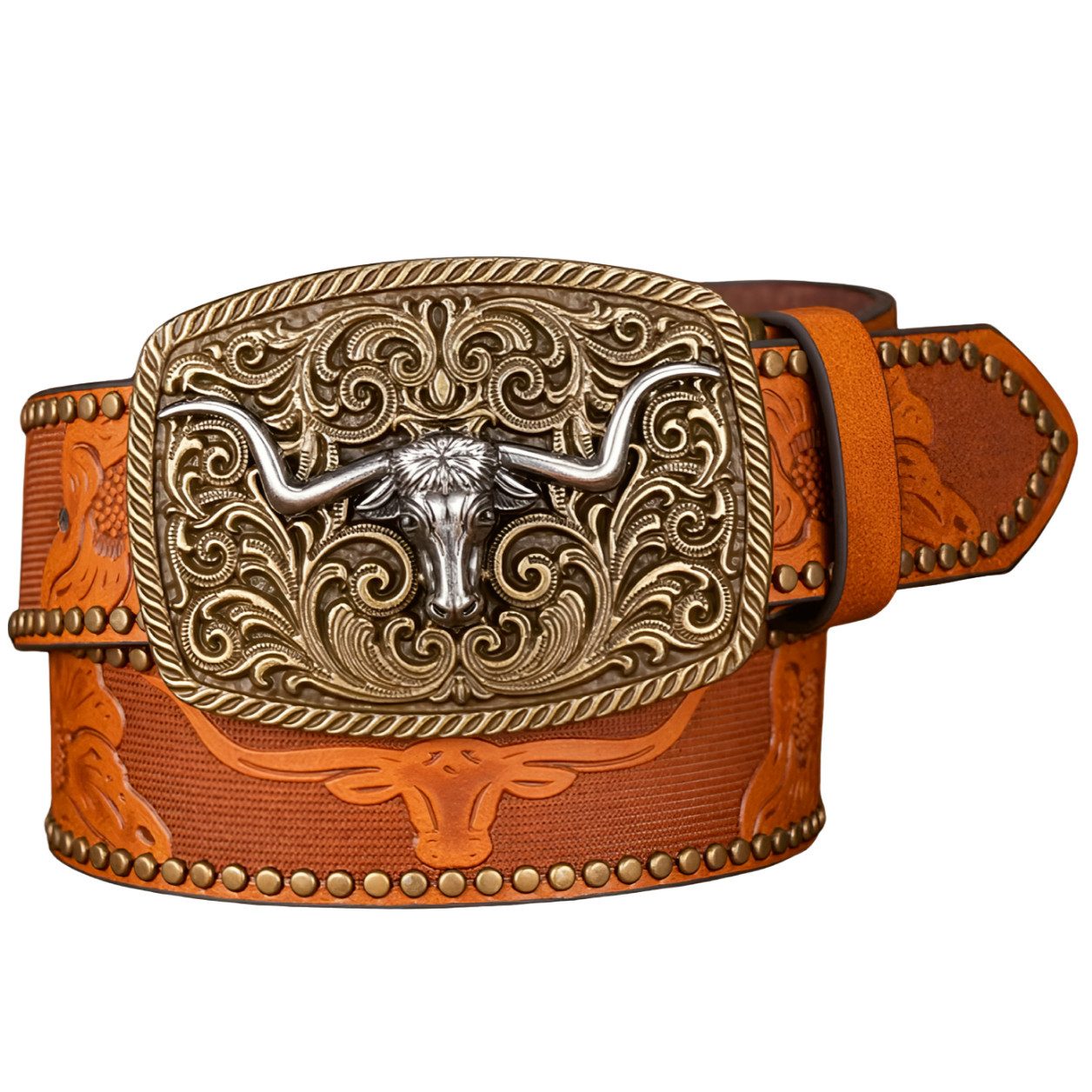 Ware aus aller Welt Nietengürtel Westerngürtel mit Longhorn-Schnalle – im authentischen Cowboy Style (1-St) Geprägte Western-Details mit Longhorn- und Blumenmotiven