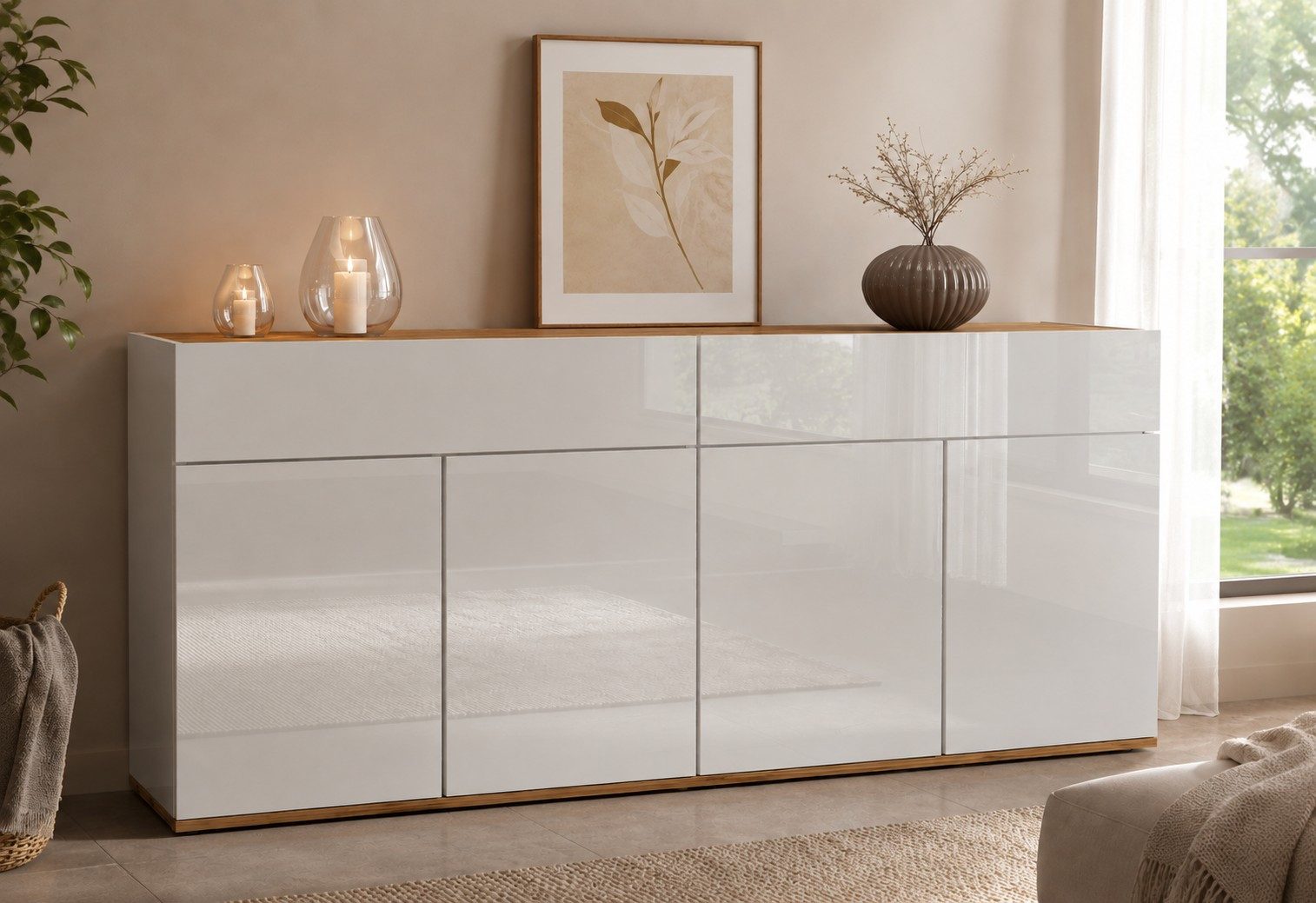 OTTO home Sideboard Garda Kommode, Schrank, 4 Türen mit Push-to-Open, Made in Italy, Hochglanzlackierte Fronten,2 Schubladen, grifflos Breite 160,1 cm