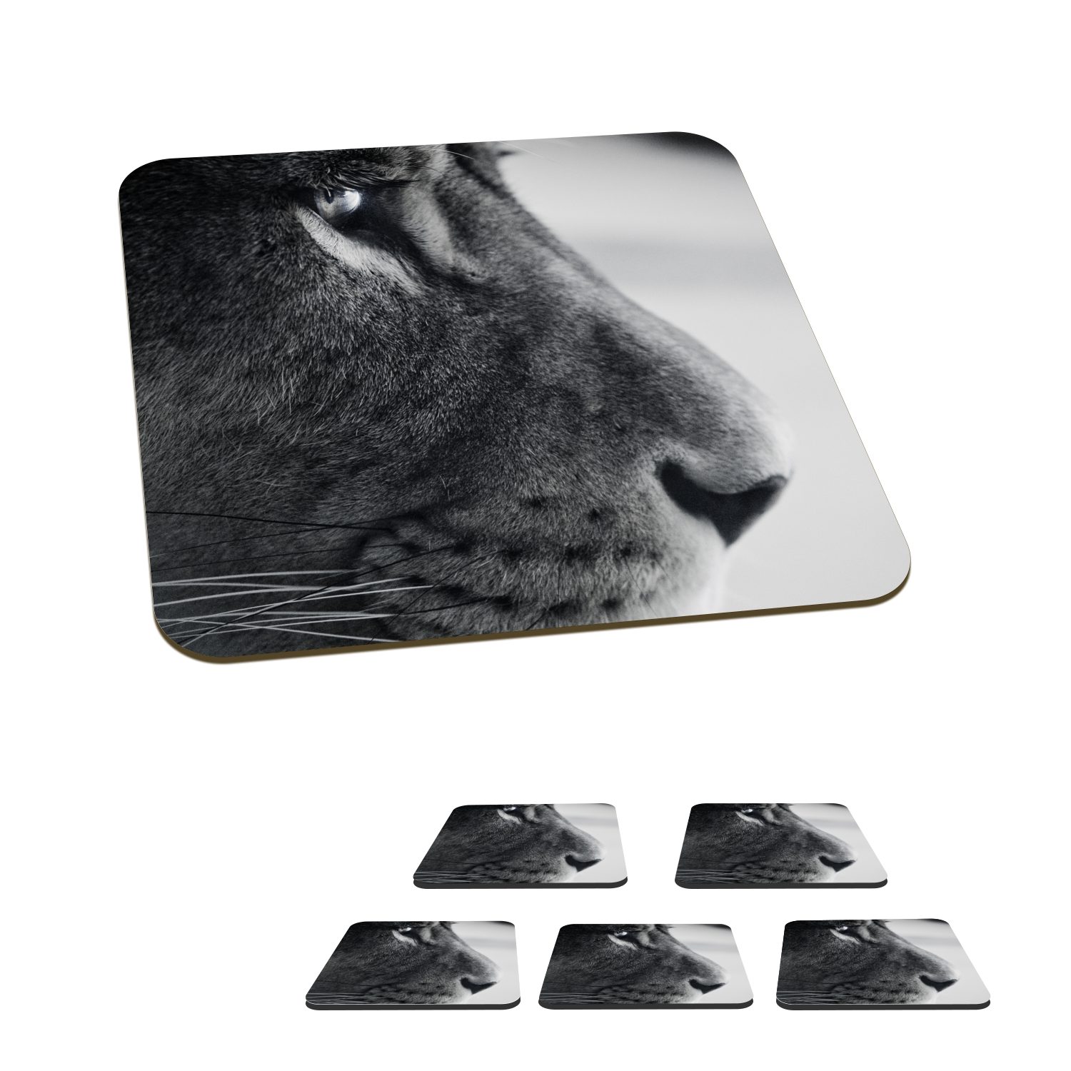 MuchoWow Glasuntersetzer Tierprofil Löwe in schwarz und weiß, Zubehör für Gläser, 6-tlg., Glasuntersetzer, Tischuntersetzer, Korkuntersetzer, Untersetzer, Tasse