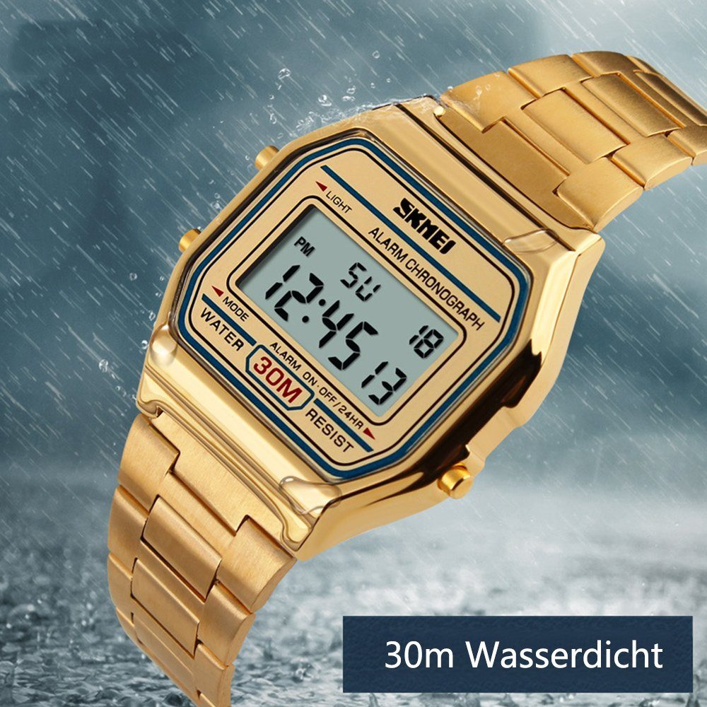 GelldG Digitaluhr 30M Business Herren Uhren Uhr Luxus Edelstahl silber wasserdichte Sportuhr