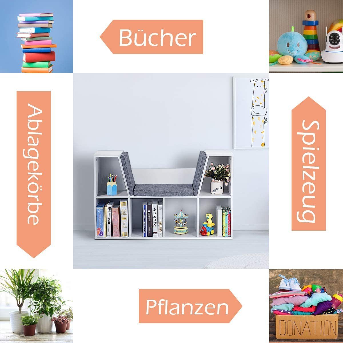 KOMFOTTEU Bücherregal Bücherschrank, mit Sitzkissen aus mit Sitzbank, weiß Holz