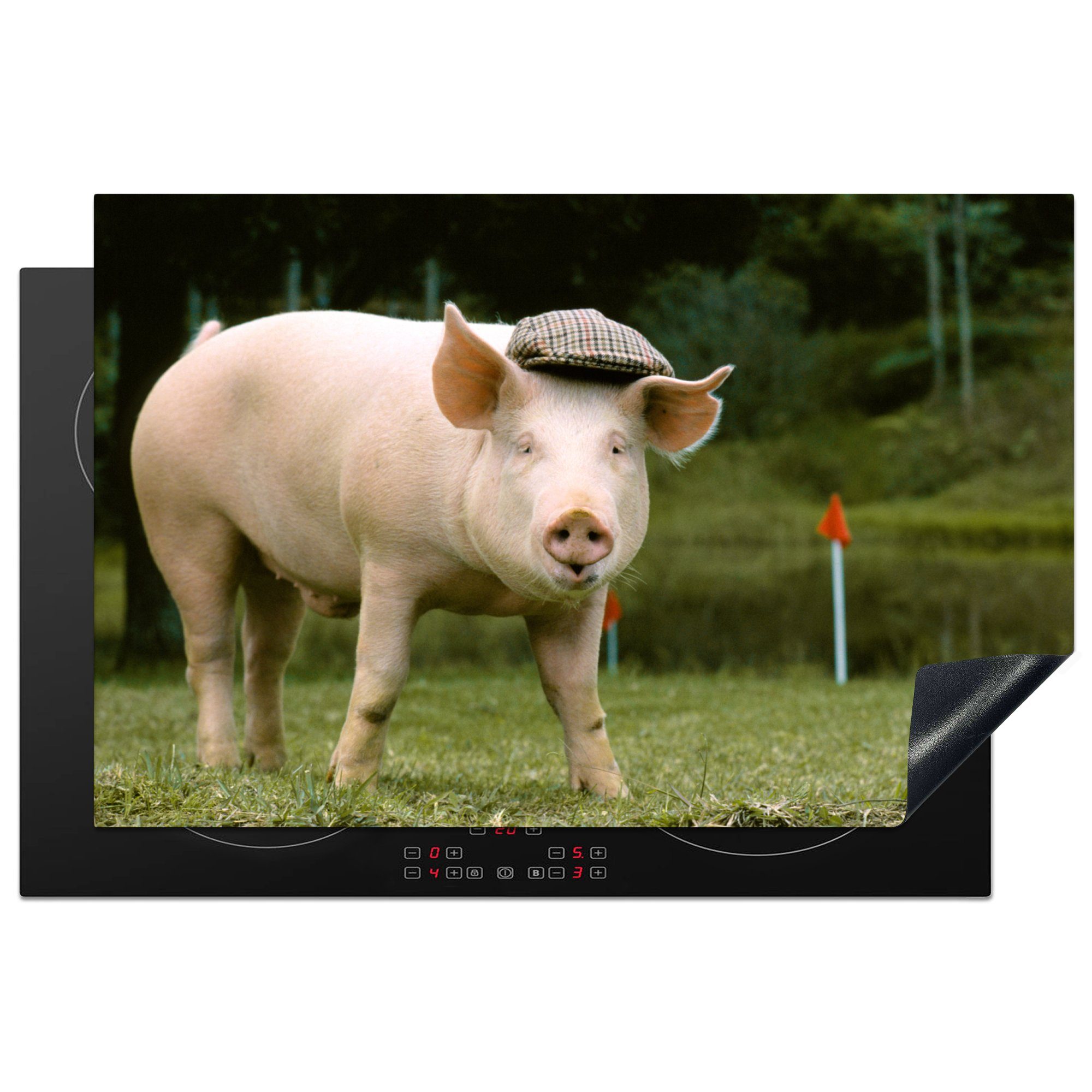 MuchoWow Herdblende-/Abdeckplatte Schwein - Mütze - Gras, Vinyl, (1 tlg), 81x52 cm, Induktionskochfeld Schutz für die küche, Ceranfeldabdeckung