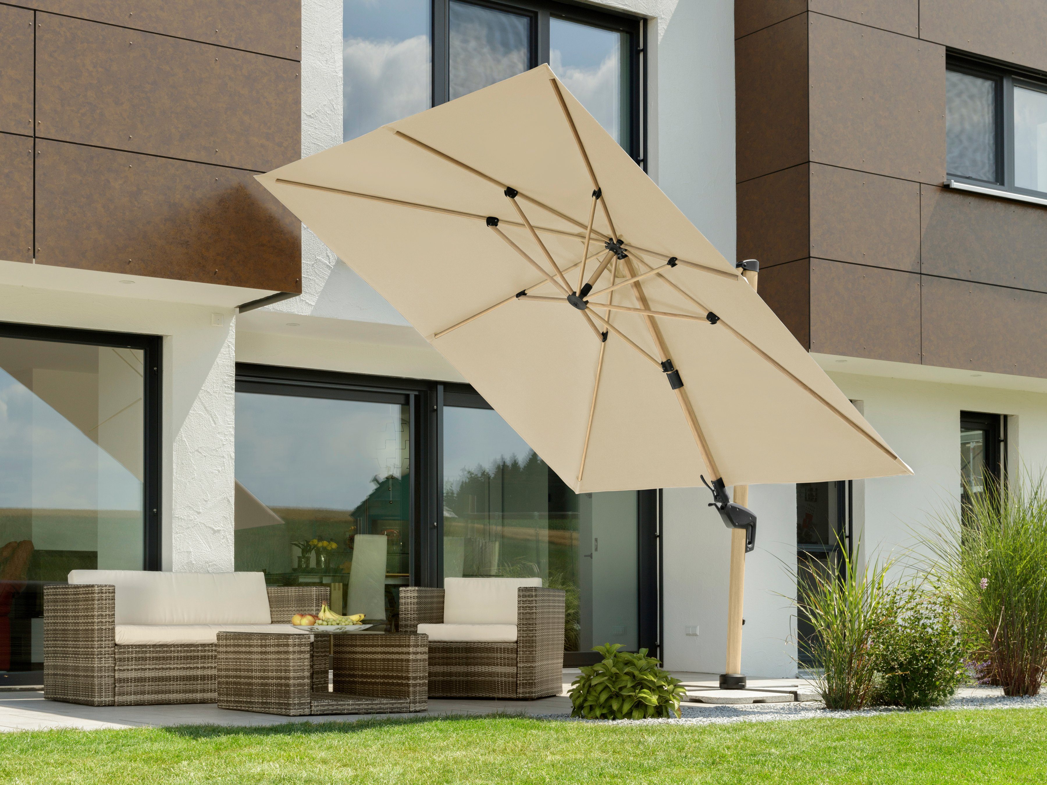 Schneider Schirme Ampelschirm Rhodos Twist Woody, BxL: 300x300 cm, Alu/Polyester, inkl. Plattenständer/Schutzhülle