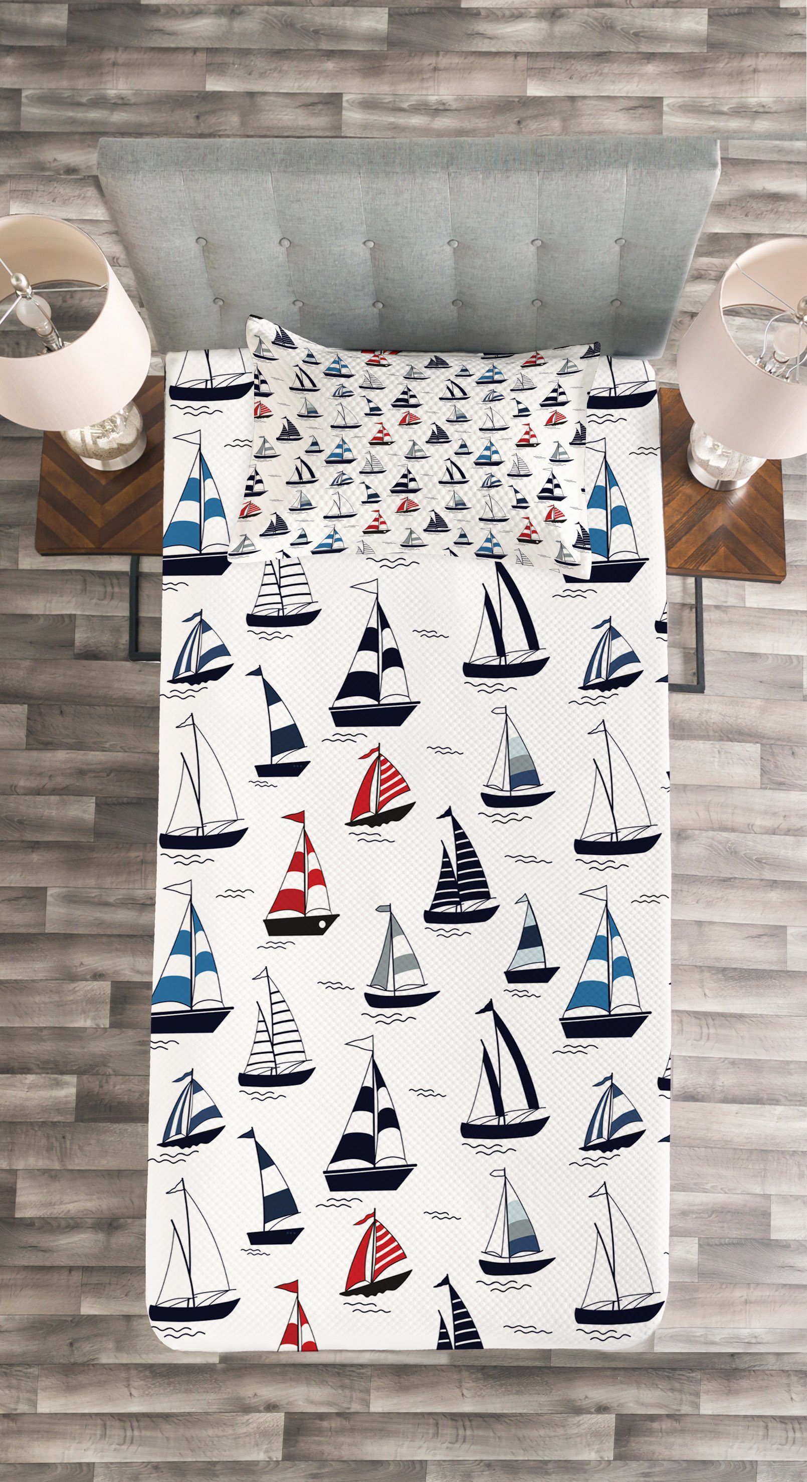 Abakuhaus, Cartoon Kissenbezügen Segelbooten Set Muster Waschbar, Nautische mit Tagesdecke