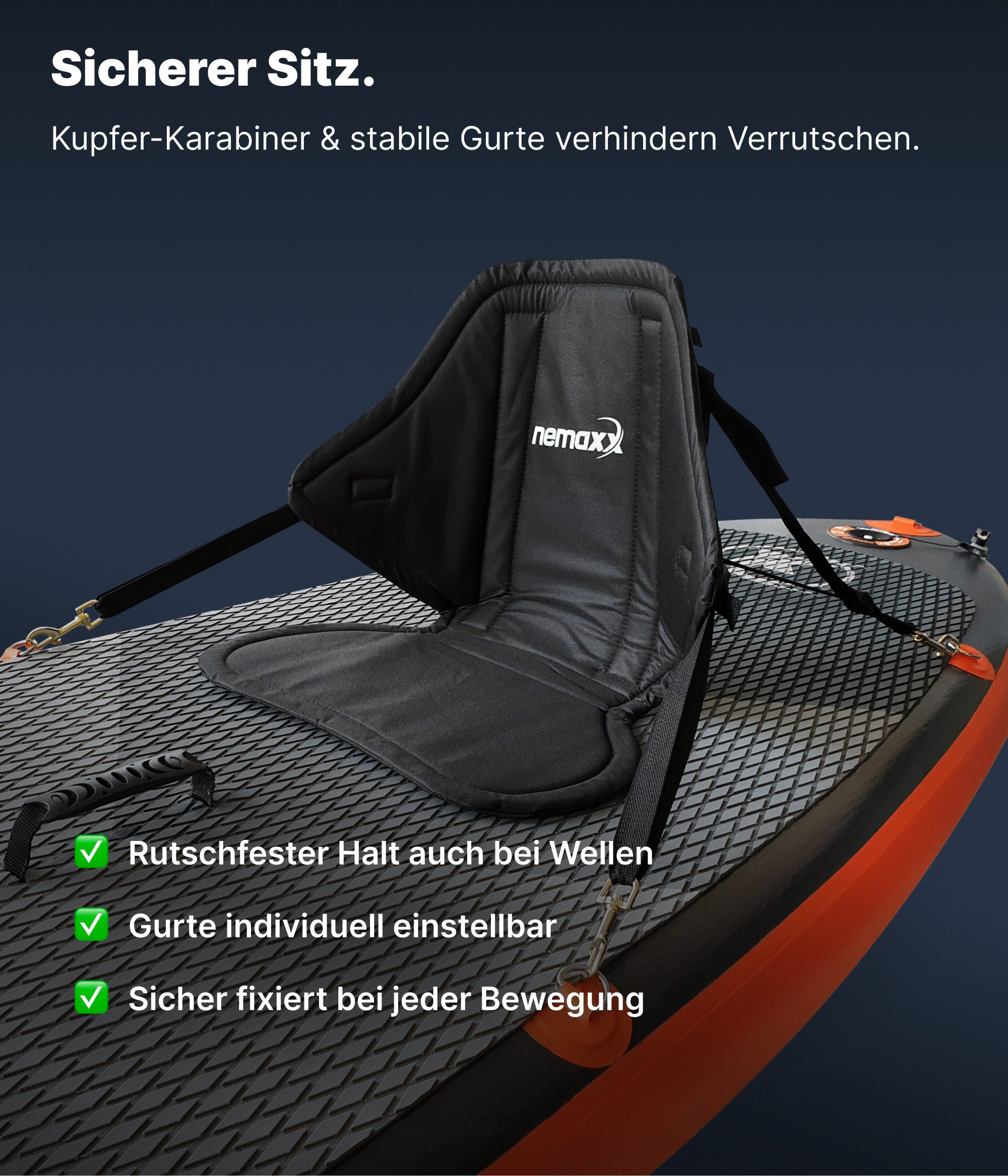 NEMAXX SUP-Rückenlehne Komfort-Sitz für SUP, Kajak & Kanu Weich (mit hoher Rückenlehne, großer Sitzfläche, 4-Punkt-Befestigung), mit Rückentasche, Metallhaken, verstellbaren Gurten & Zubehör