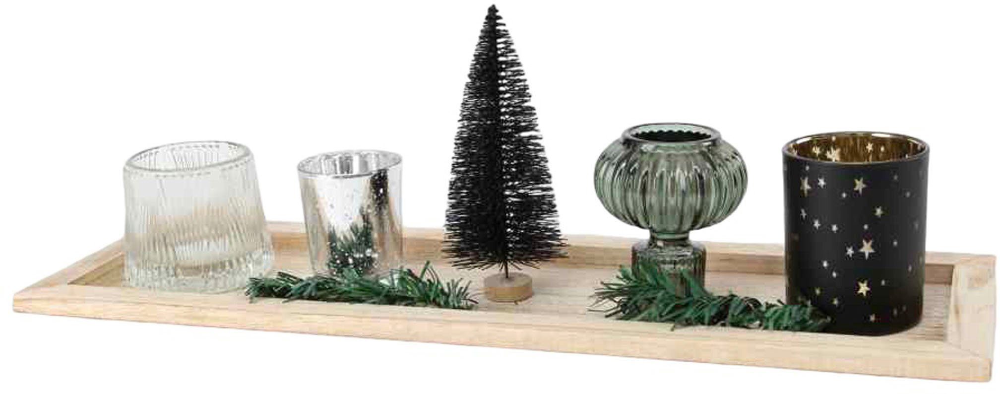 Leonique Kerzentablett Teelichthalter Alais, Weihnachtsdeko (Set, 8 St),  mit 4 Windlichtern aus Glas und Deko-Tanne