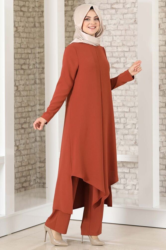 Anzug voll Modavitrini Hijab Zweiteiler Hose Kleidung bedeckt Longtunika Tunika Ziegelstein-Rot lange Damen mit