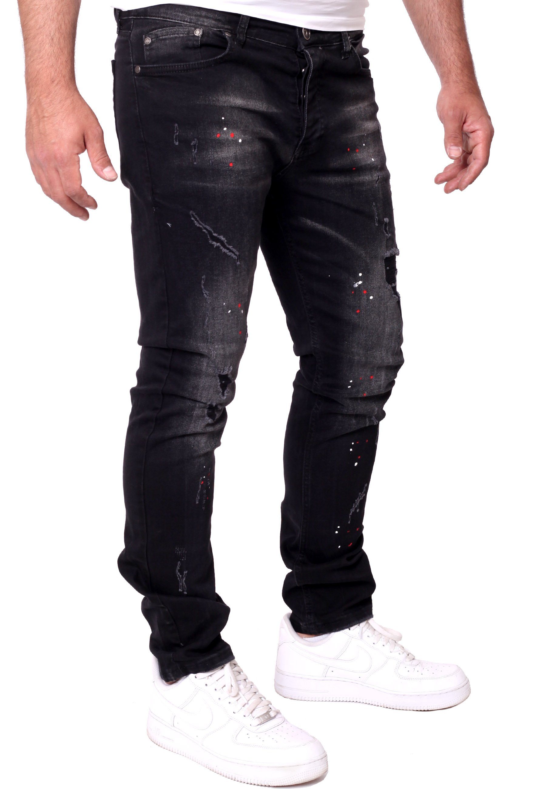 Reslad Destroyed-Jeans Reslad Destroyed Stretch Herren Fit Color-Splashes Männer-Hose Slim Jeanshose Denim schwarz Jeans Destroyed Jeanshose