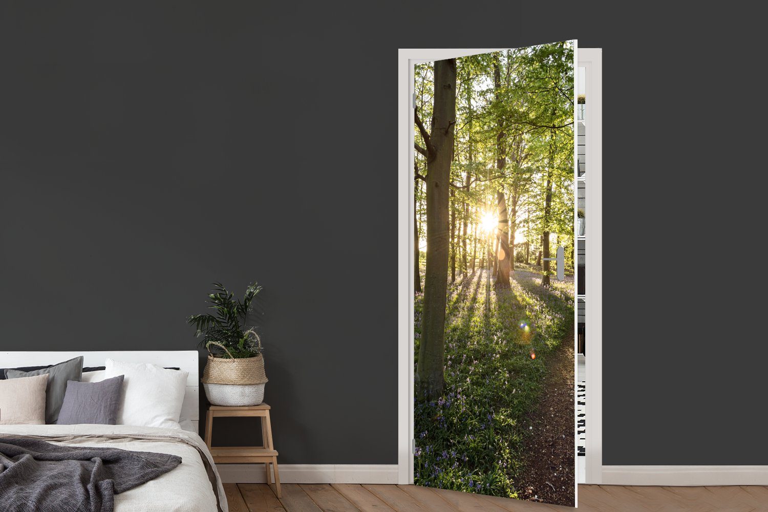 Fototapete cm Wald MuchoWow Baum Sonne, Tür, Türaufkleber, - (1 für Matt, Türtapete 75x205 St), bedruckt, -