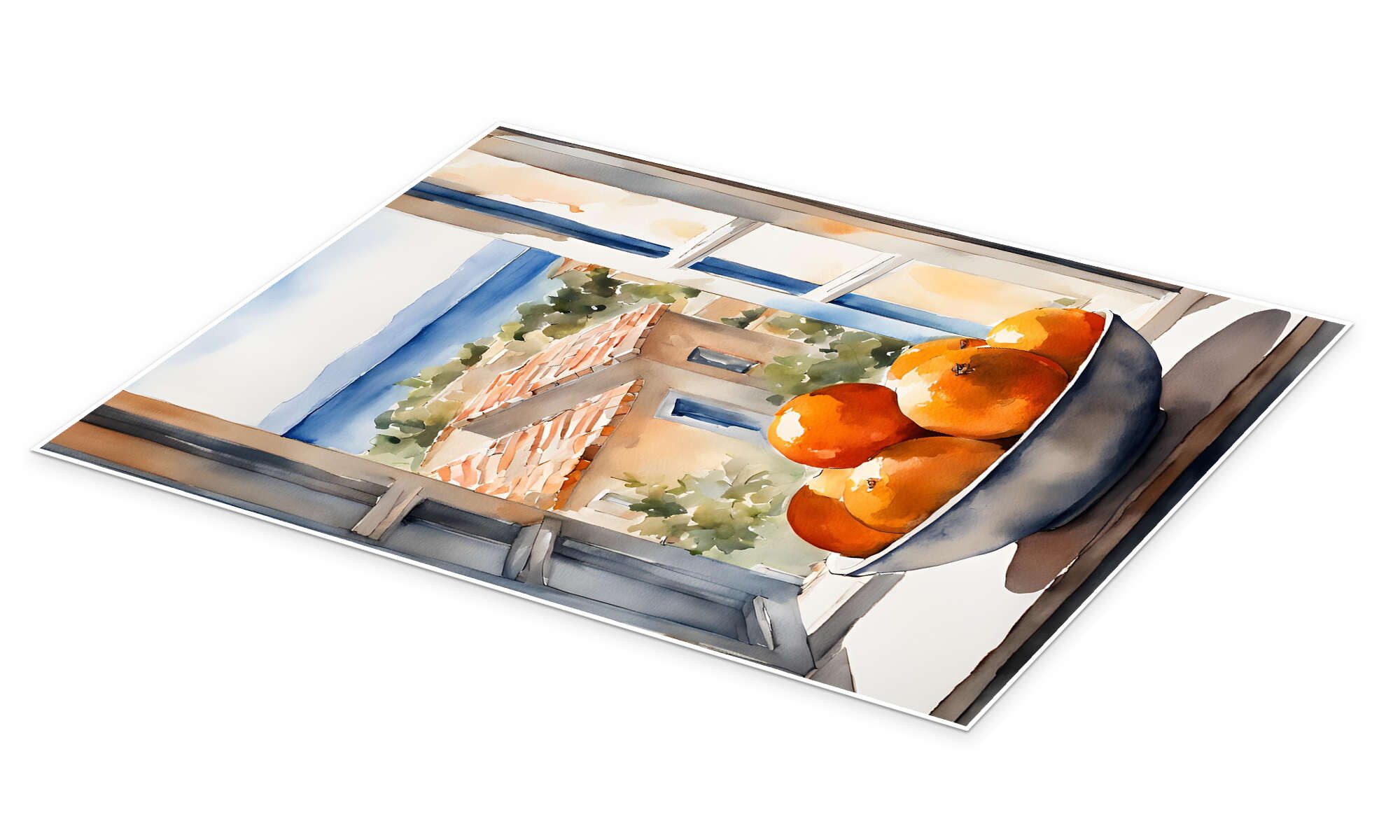 Posterlounge Wandbild Orangen in Schale mit mediterraner Aussicht, Ohkimiko, erhältlich als Poster, Leinwandbild, Wandsticker oder Acrylglasbild