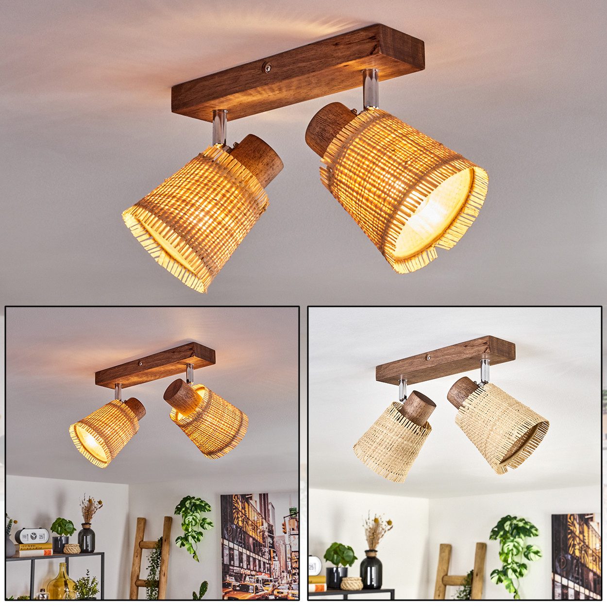 hofstein Deckenleuchte moderne Deckenlampe aus Holz/Metall/Bast günstig online kaufen