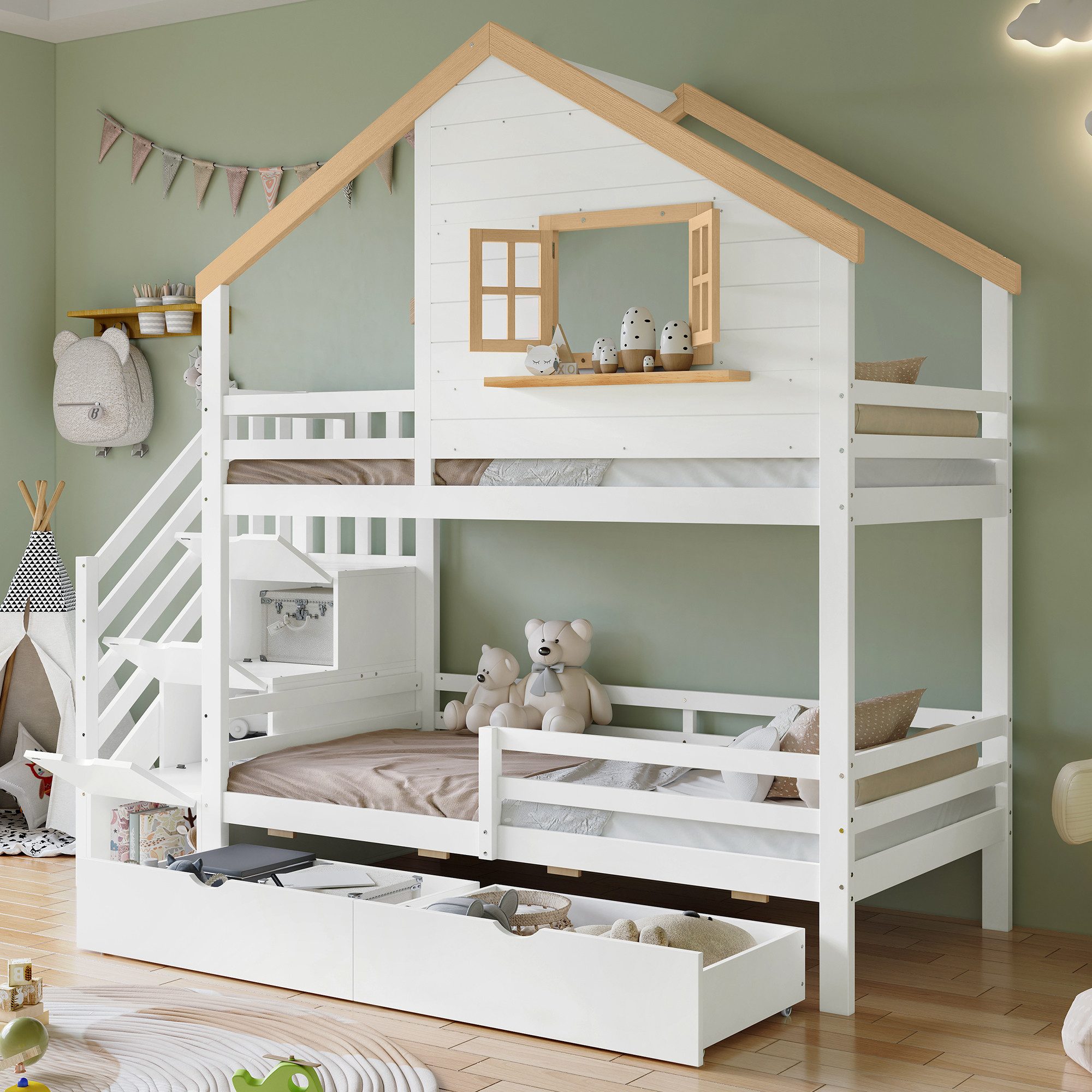 Flieks Etagenbett, Kinderbett Hausbett 90x200cm mit 2 Schubladen, Fenster, Rausfallschutz