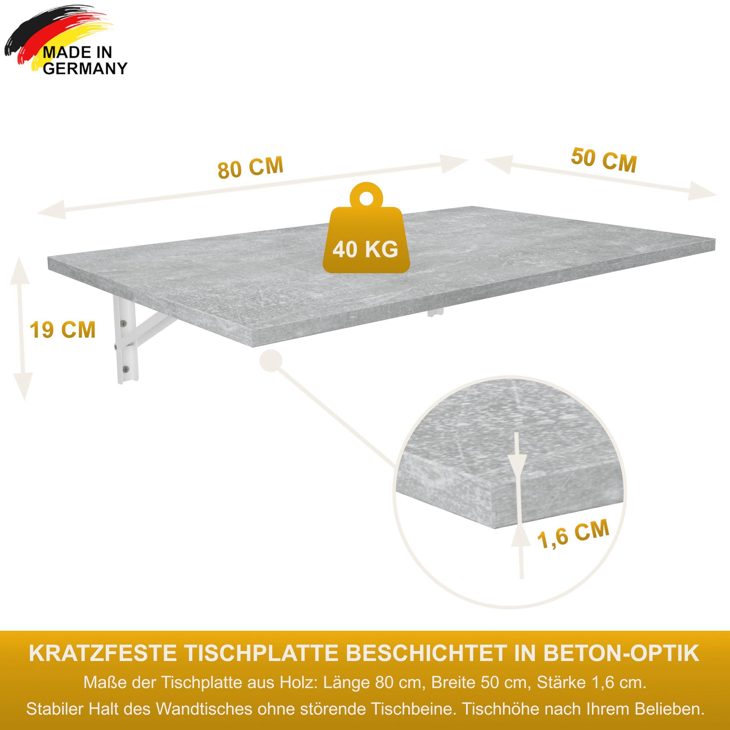 Klapptisch Wandklapptisch Wand KDR Beton 80x50 Tisch, Produktgestaltung Küchentisch Esstisch Schreibtisch