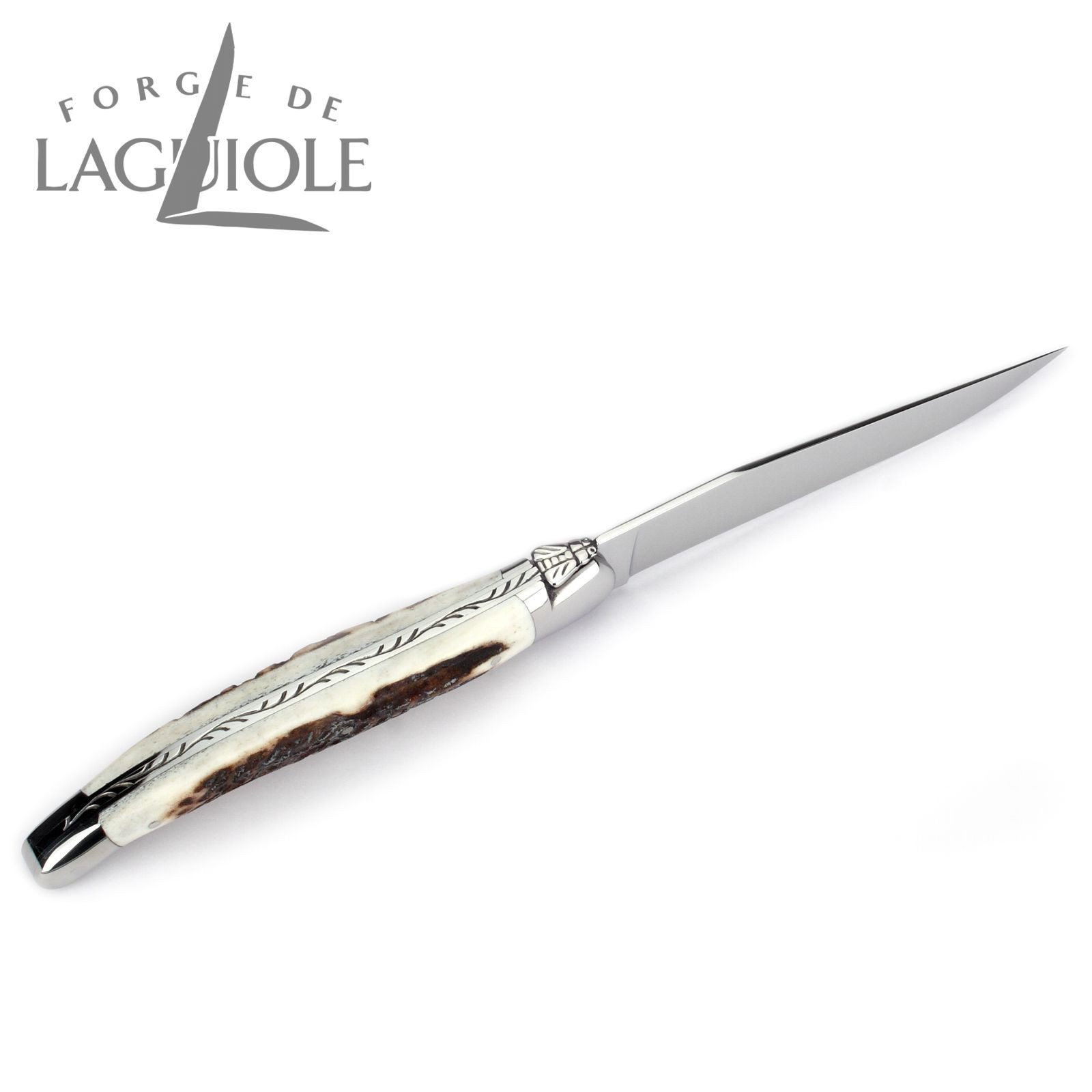 Forge de Laguiole Steakmesser T2 2M IN CF BRI 2er Set - Griff Hirschhorn - Stahl glänzend - Aufbewahrungsbox