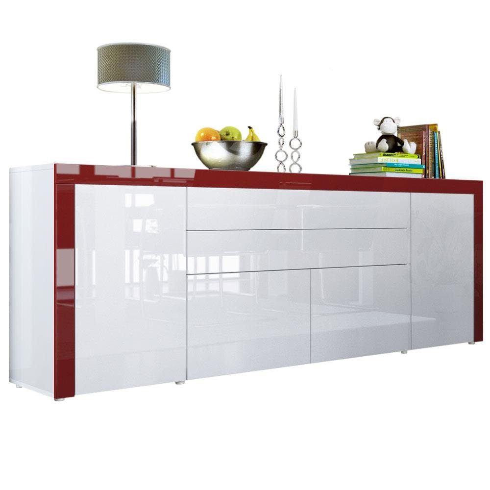 Vladon Sideboard La Paz V2 (Kommode, mit 2 Türen, 2 Schubkästen und 2 Klappen), Weiß Hochglanz/Bordeaux Hochglanz (200 x 72 x 35 cm)