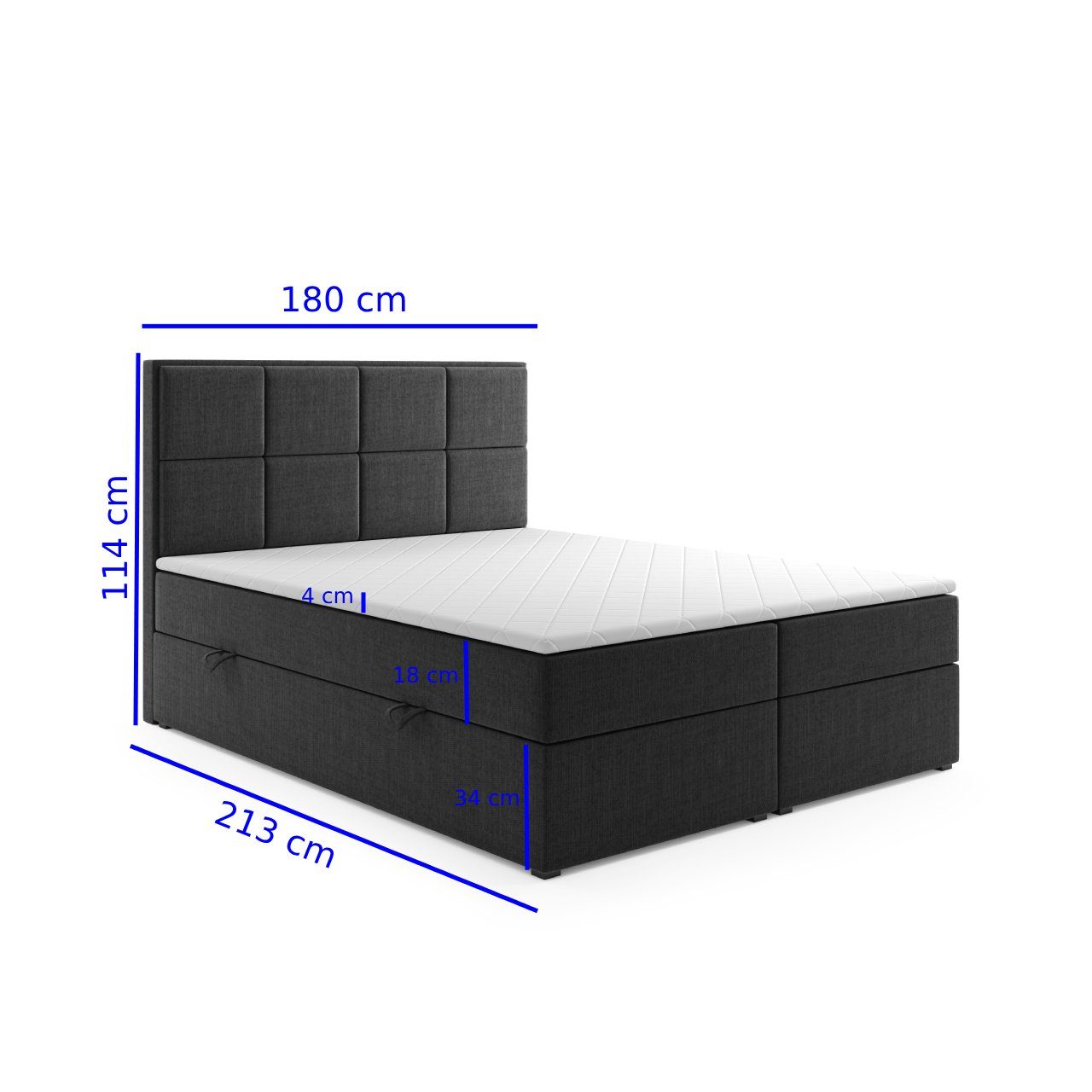 Punkt Fach - Schwarz mit Grau 200 Bettkasten, Liegefläche Möbel Portofino 180 Fußteil Optik Kopfteil, x Boxspringbett (Kassetten - cm), Topper,