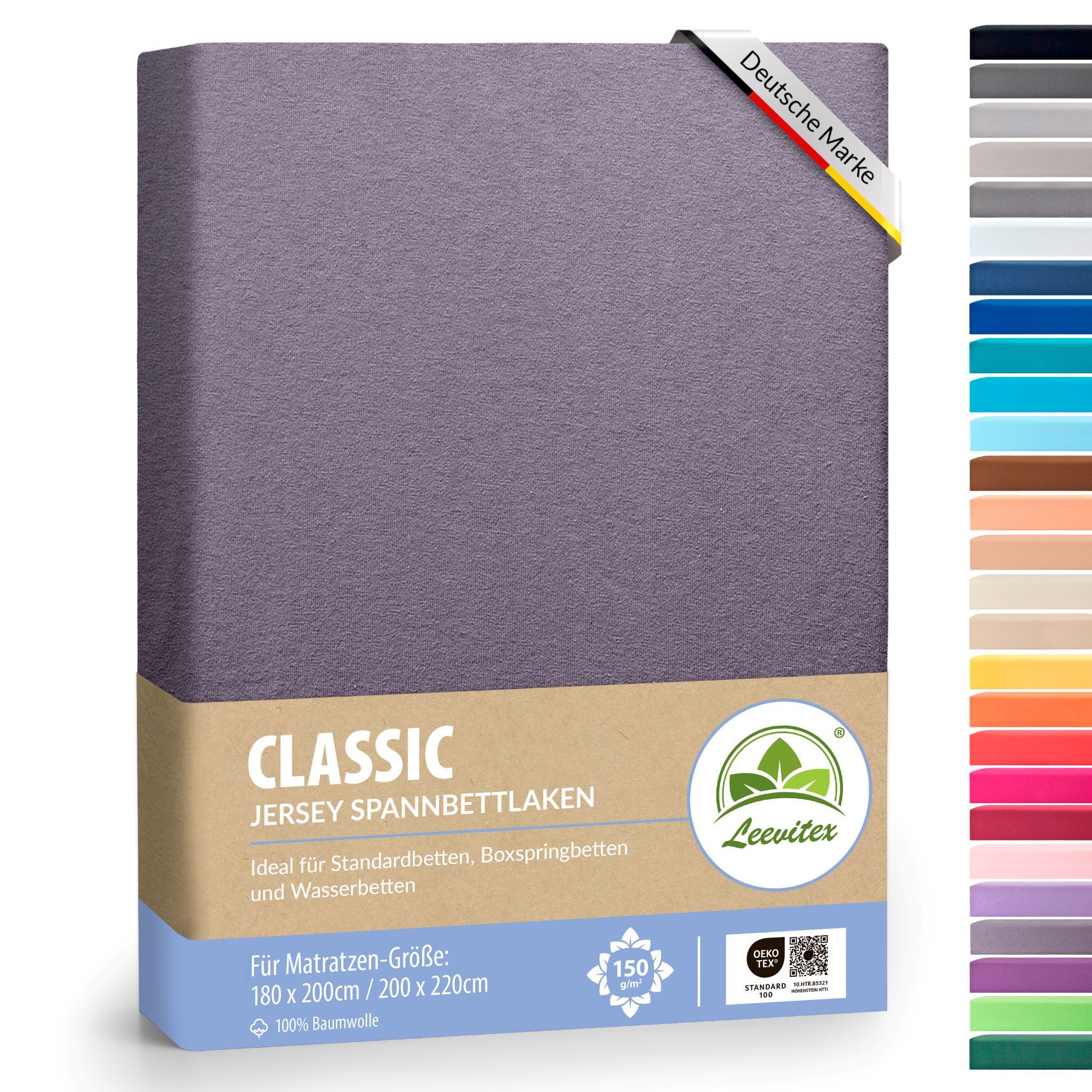 leevitex® Spannbettlaken 180x200 - 200x220 cm, 40 cm Steghöhe, Stoffdicke 150 g/m², Jersey, Gummizug: rundum, (1 Stück), OEKO-TEX® Standard 100 Zertifikatsnummer 10.HTR.85321 zertifiziert