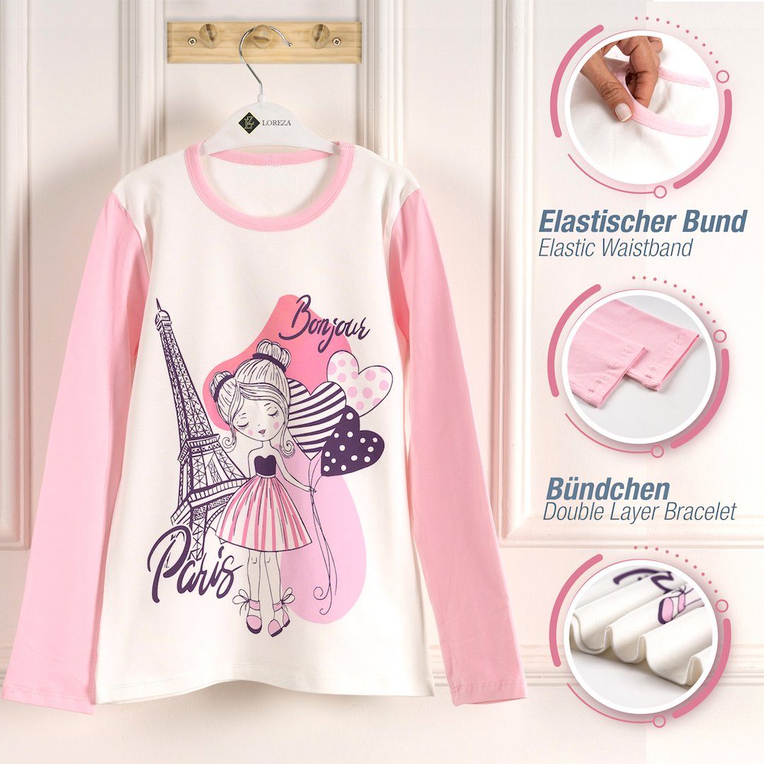 LOREZA Pyjama zweiteiliger Mädchen Baumwolle Langarm tlg) - Schlafanzug Paris 2 (Set