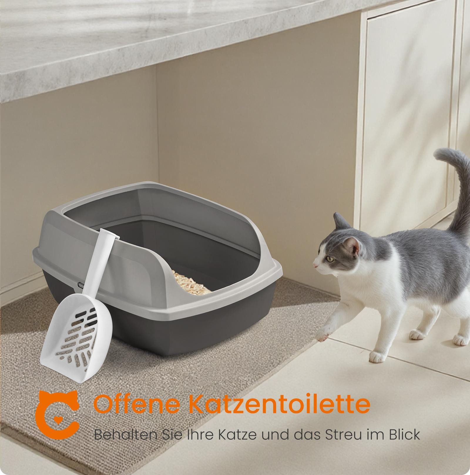 FEANDREA Katzentoilette Katzenklo, offene Katzentoilette, für Kätzchen und große Katzen, mit hohen Seitenwänden, XL, mit Schaufel, 50,5 x 37,5 x 19,5 cm