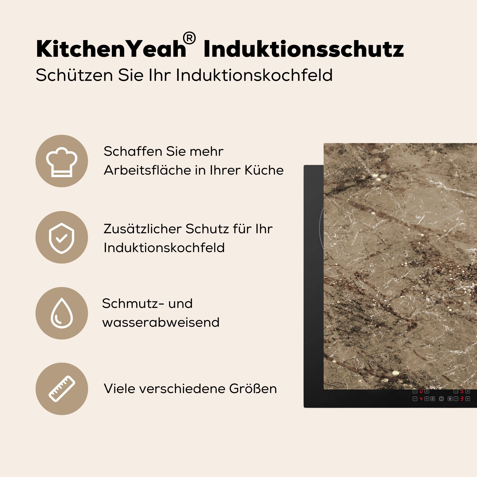 küche cm, - Arbeitsplatte Vinyl, Herdblende-/Abdeckplatte für - Braun (1 MuchoWow tlg), 78x78 Glitter, Marmor Ceranfeldabdeckung,