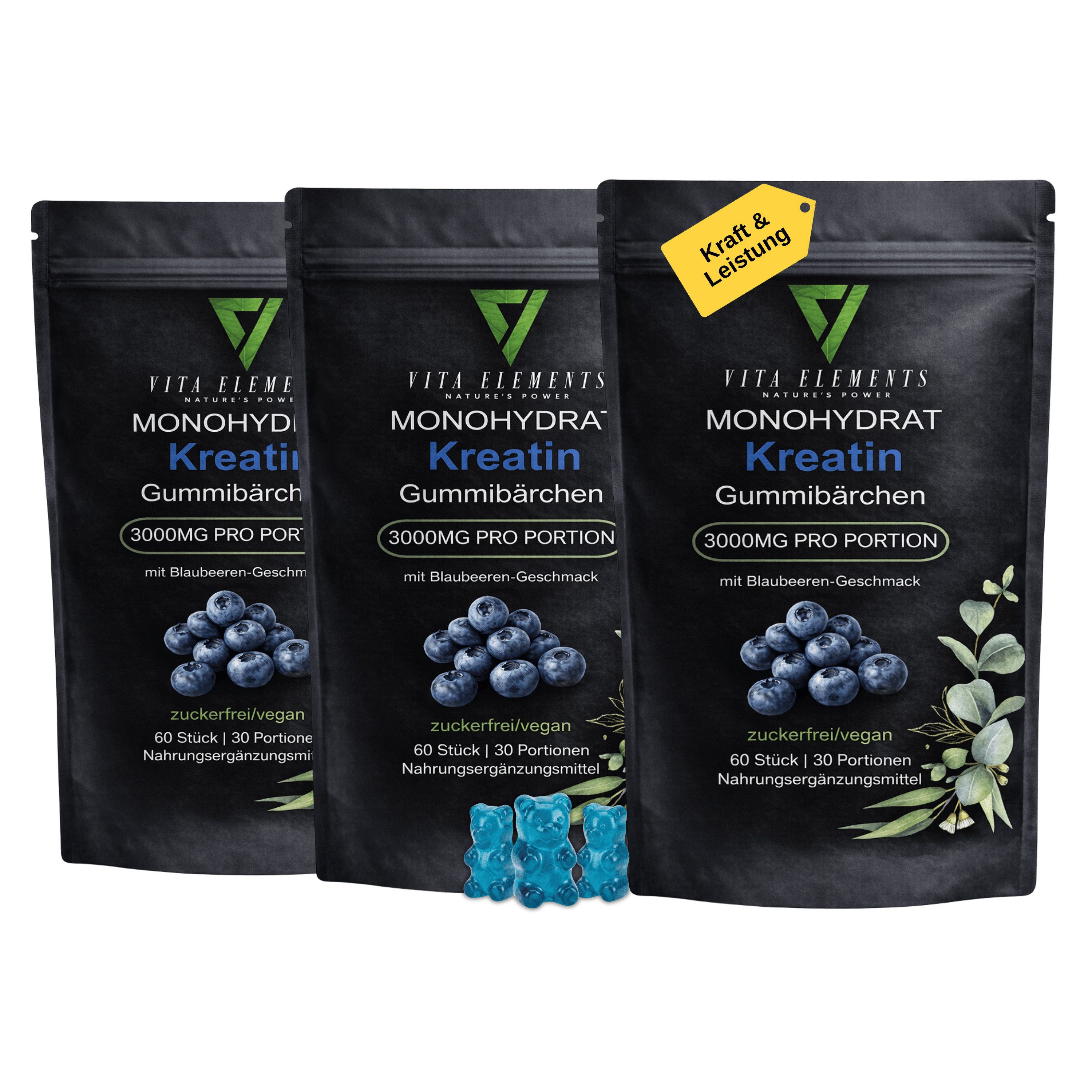 Vita Elements 3er Set Kreatin Monohydrat Gummibärchen, 180 Stk. Glutenfrei Ohne Gentechnik Laborgeprüft in Deutschland