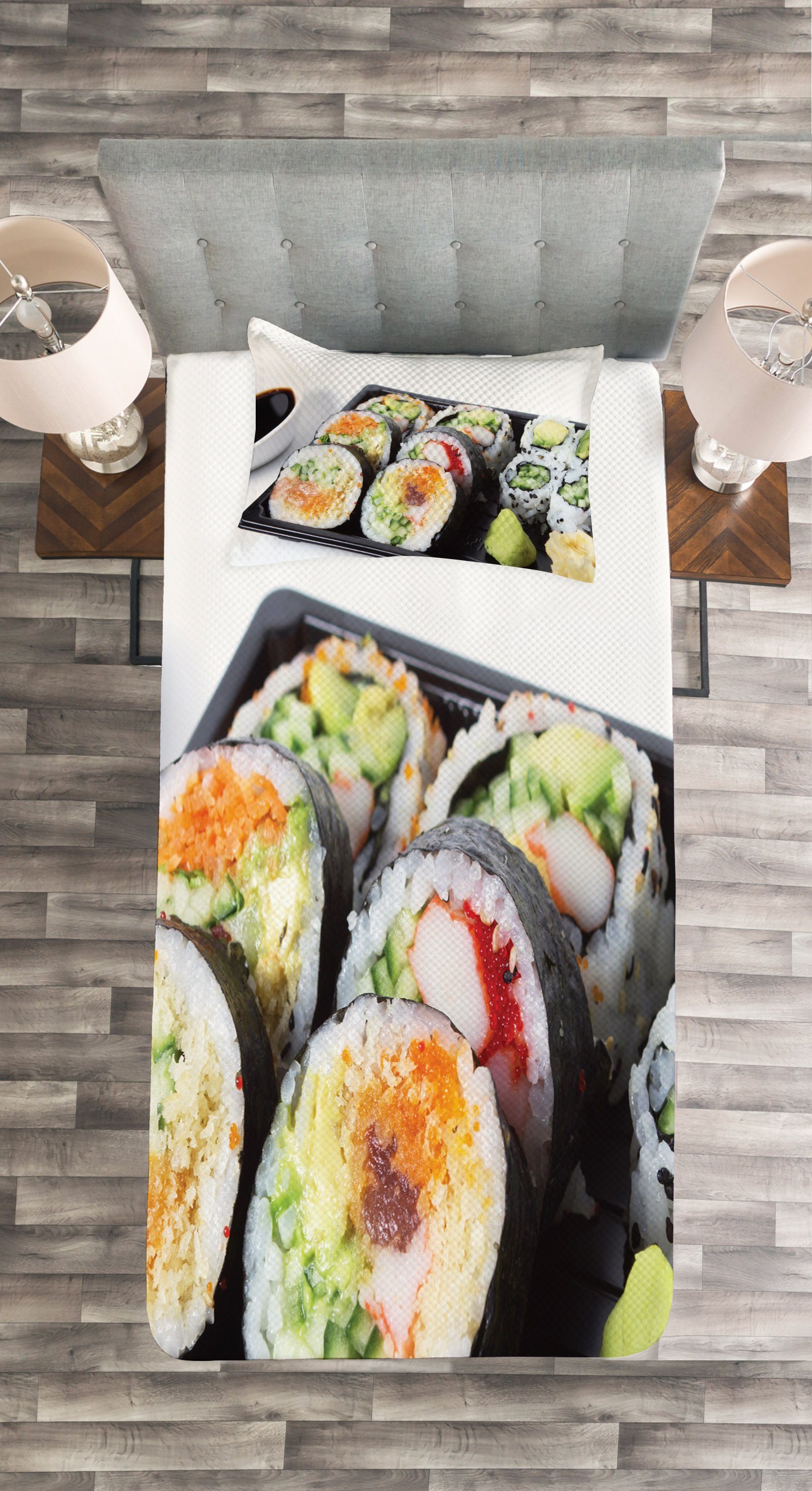 Tagesdecke Set mit Abakuhaus, Kissenbezügen Platte Verschiedene Sushi Photo Waschbar, Wasabi