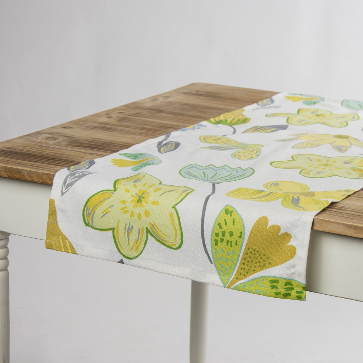 SCHÖNER LEBEN. Tischläufer Tischläufer Coconut Grove Blumen grün gelb 40x160cm, handmade