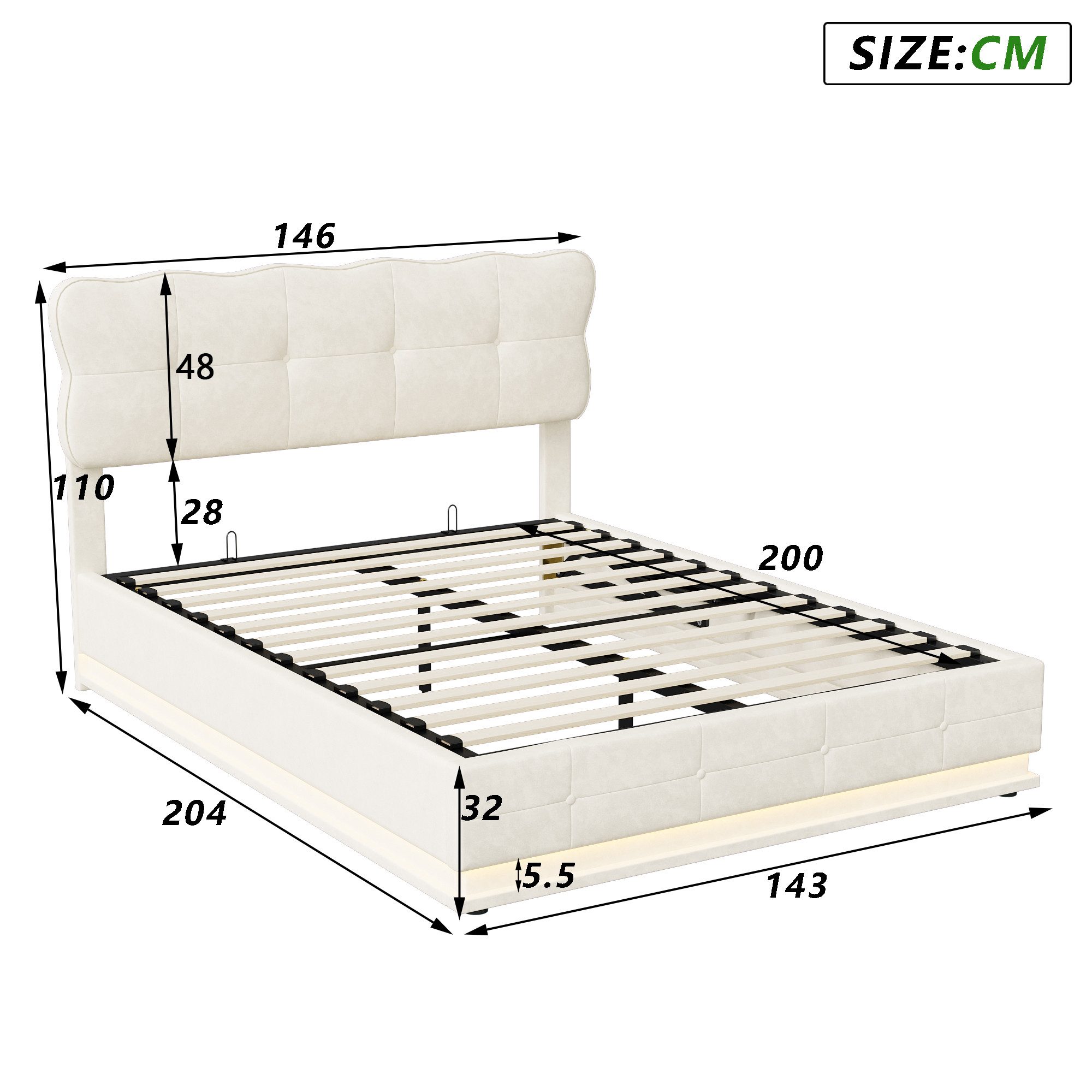zebery Polsterbett Stauraumbett Polsterbett mit LED-Beleuchtung (Set, 1-tlg., Hydraulikbett Bettgestell, Wellenmuster-Design Kopfteil), für Erwachsene Jugendlic – Bild 5 von 5