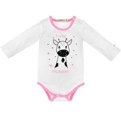 BONDI Body Baby Newborn Langarm Anzug "I love my Mummy" mit Giraffe, 93635 - Weiß Rosa (1-tlg)