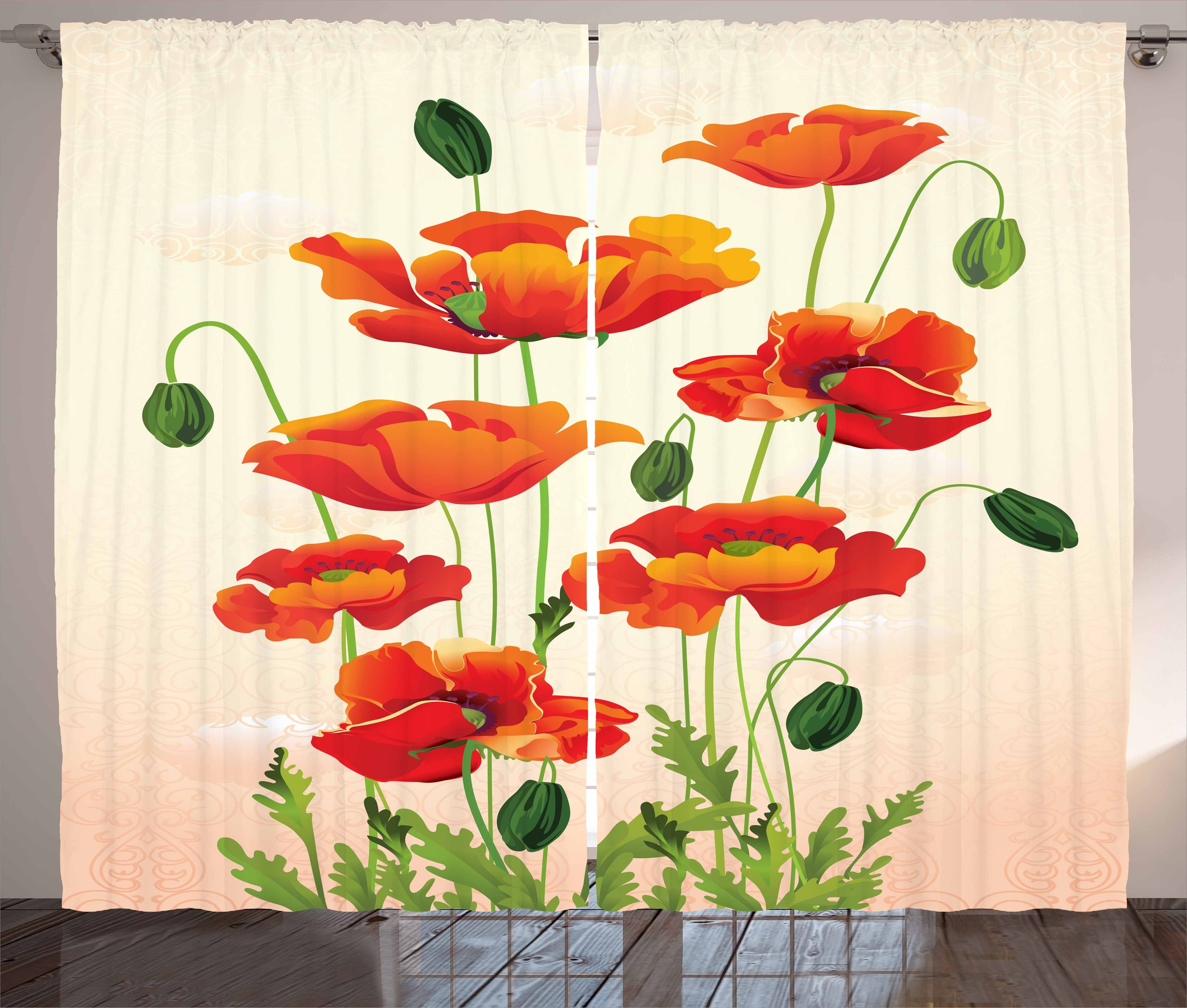 Gardine Schlafzimmer Kräuselband Vorhang mit Schlaufen und Haken, Abakuhaus, Mohn Blumen-Blumenstrauß-Arrangement
