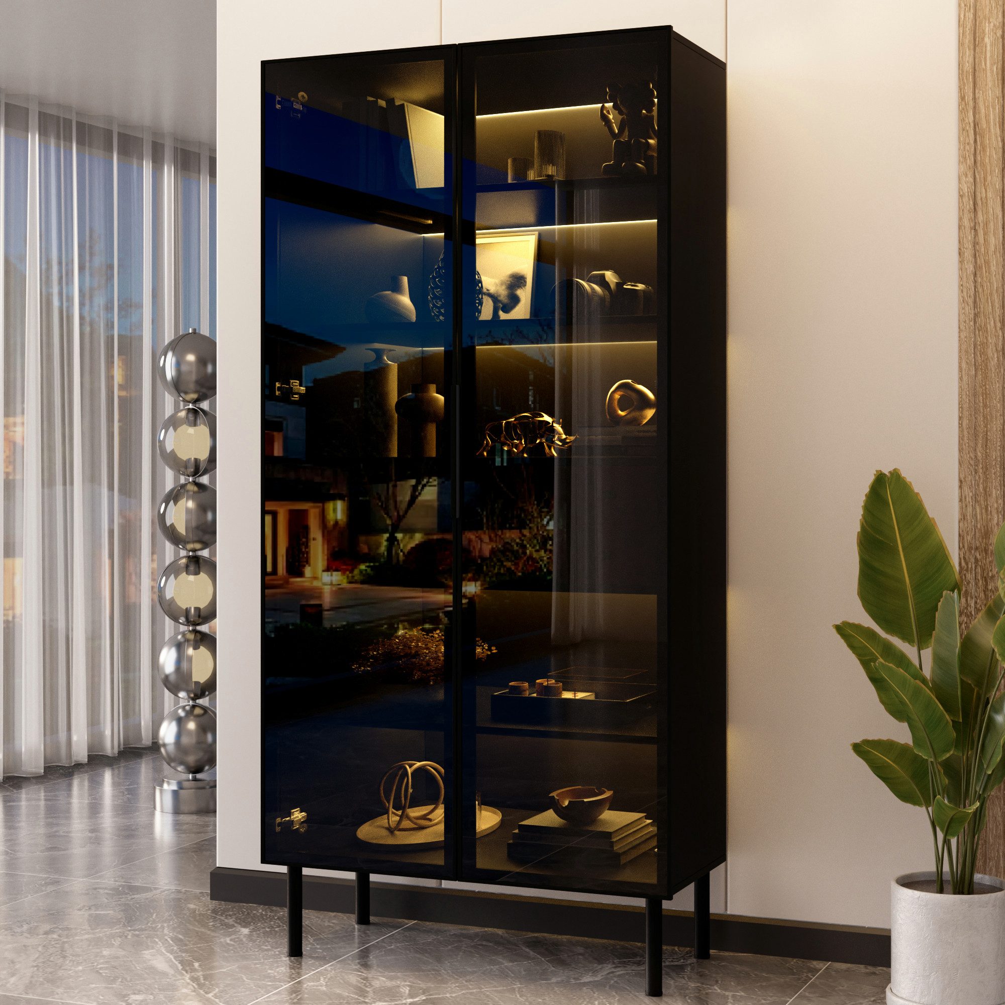 Merax Vitrine mit LED-Beleuchtung, Aufbewahrungsschrank Hochschrank (70 L x 36 B x 170 H cm, 1-St) Standvitrine mit 2 Schubladen, Innenregalen und Glasfront