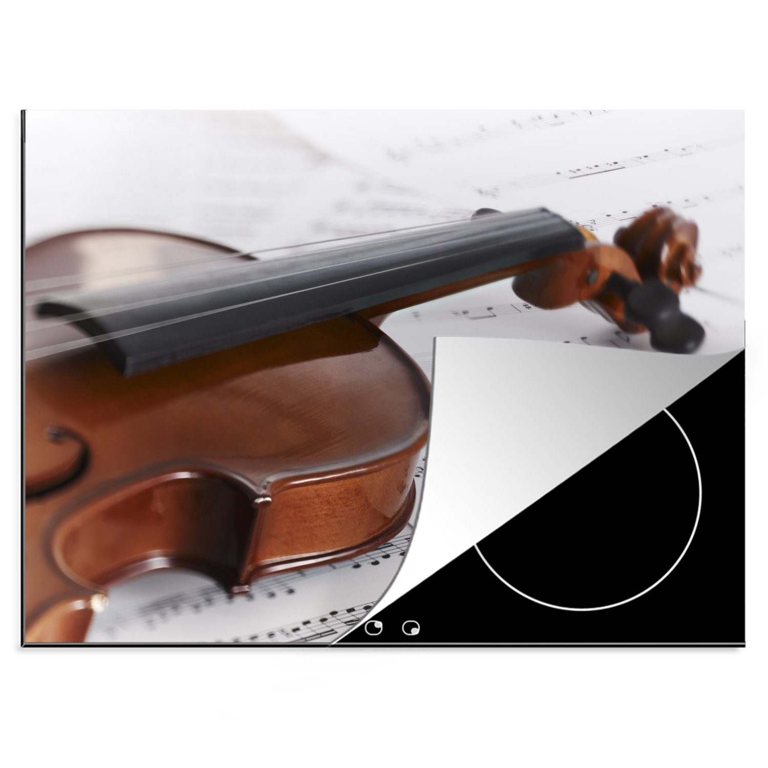 MuchoWow Herdblende-/Abdeckplatte Eine Geige liegt auf Notenblättern, Vinyl, (1 tlg), 70x52 cm, Mobile Arbeitsfläche nutzbar, Ceranfeldabdeckung