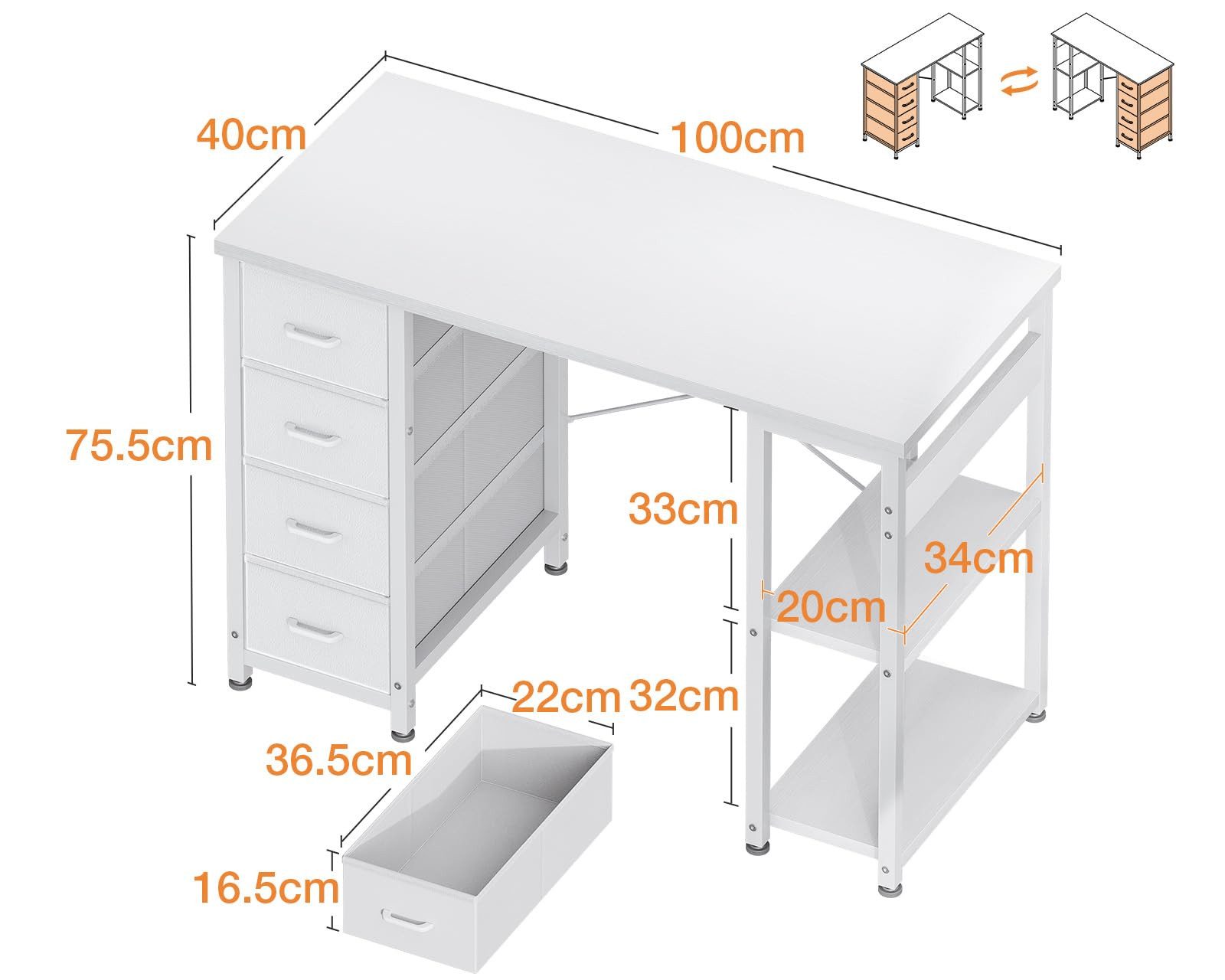 ODK Schreibtisch mit 4 Schubladen, 100cm Computertisch in Weiß (1-St), Kompakter PC Tisch für Büro, Arbeitszimmer und Schlafzimmer