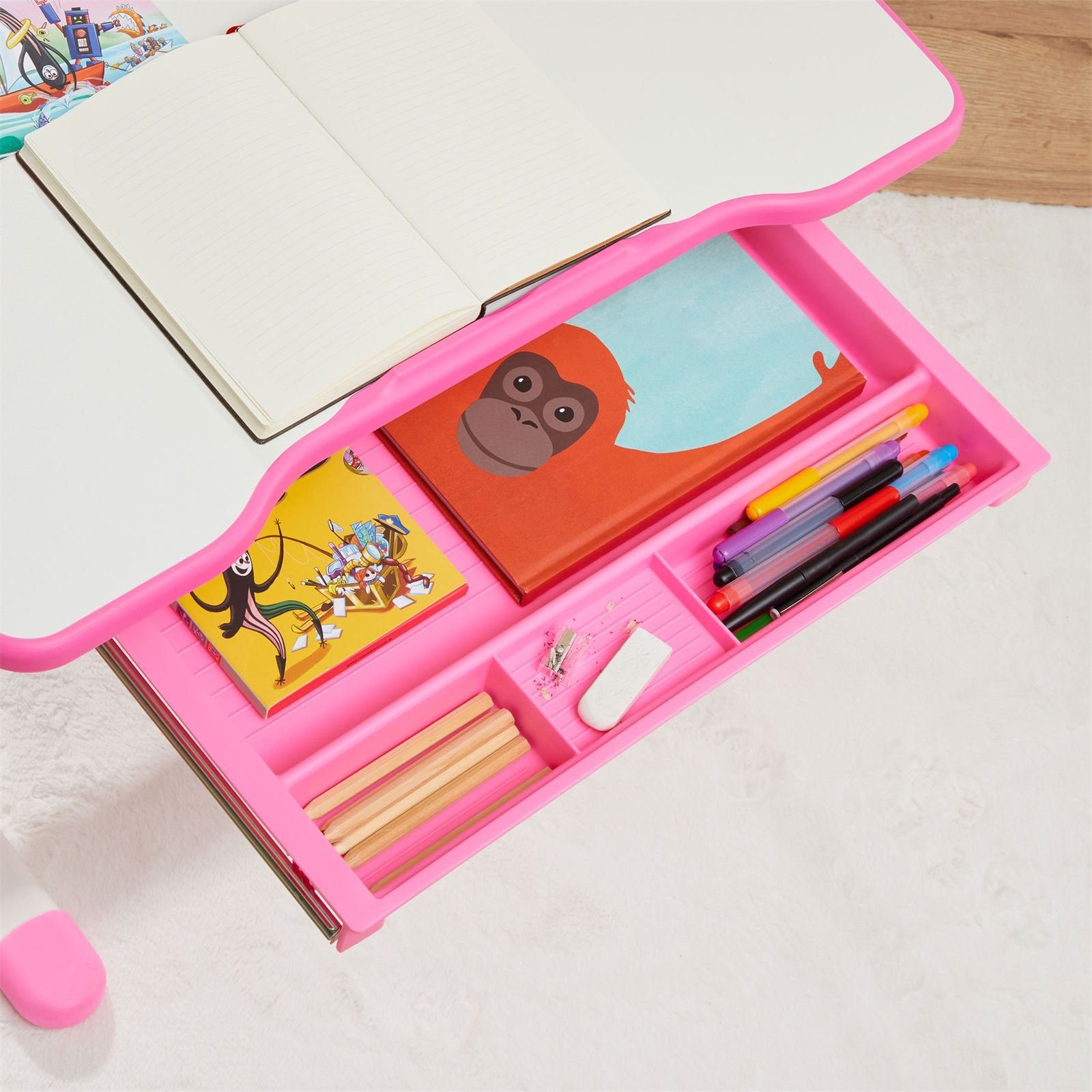CARO-Möbel Kinderschreibtisch VITA, Kinderschreibtisch höhenverstellbar weiß/rosa Kin neigbar Schreibtisch