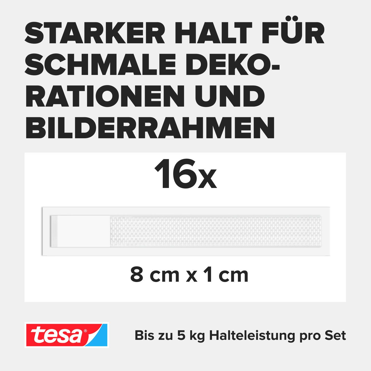 tesa Klebehaken, (1-St., Klettband-Strips mit ON und OFF Click-System - Slim - 4 x 2 Stück), Bilderrahmen und Wanddekorationen ohne Bohren - selbstklebend