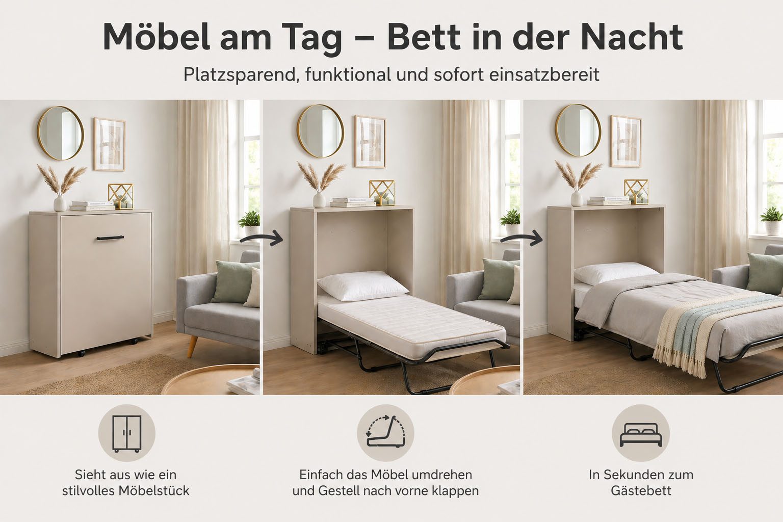Home affaire Schrankbett Sognum als Gästebett nutzbar, Wandklappbett in Kommodenoptik (in den Farben weiß, schwarz und kaschmir erhältlich) inkl. Matratze, platzsparendes Klappbett, optimal für kleine Räume