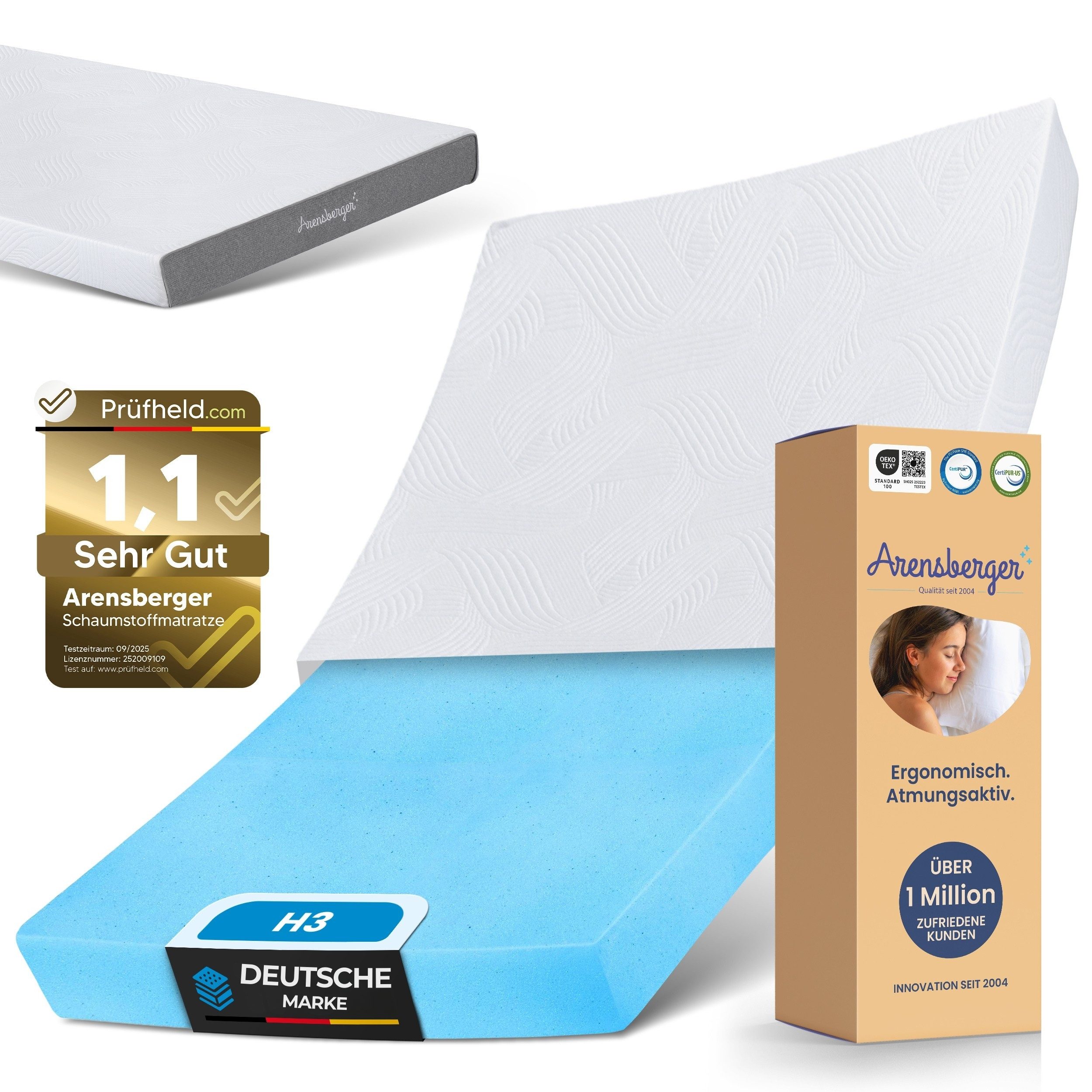 Kaltschaummatratze Gelschaum Matratze LINA, Rollmatratze Komfortmatratze H3 Härtegrad, Arensberger, 11 cm hoch, (11 cm NANOCELL® Gel-Schaum), Atmungsaktiv, Abnehmbarer Bezug 240g/m², Waschbar bis 60°C –