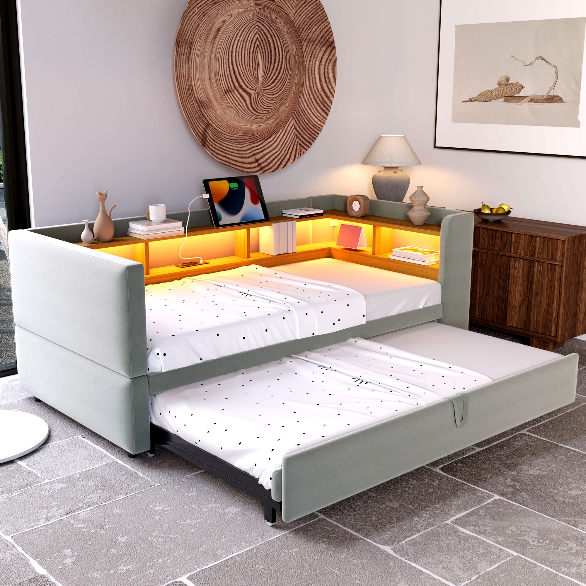 Odikalo Ausziehbett Polsterbett Jugendbett Stauraumbett Schlafsofa 90/180x190 Ablagefach