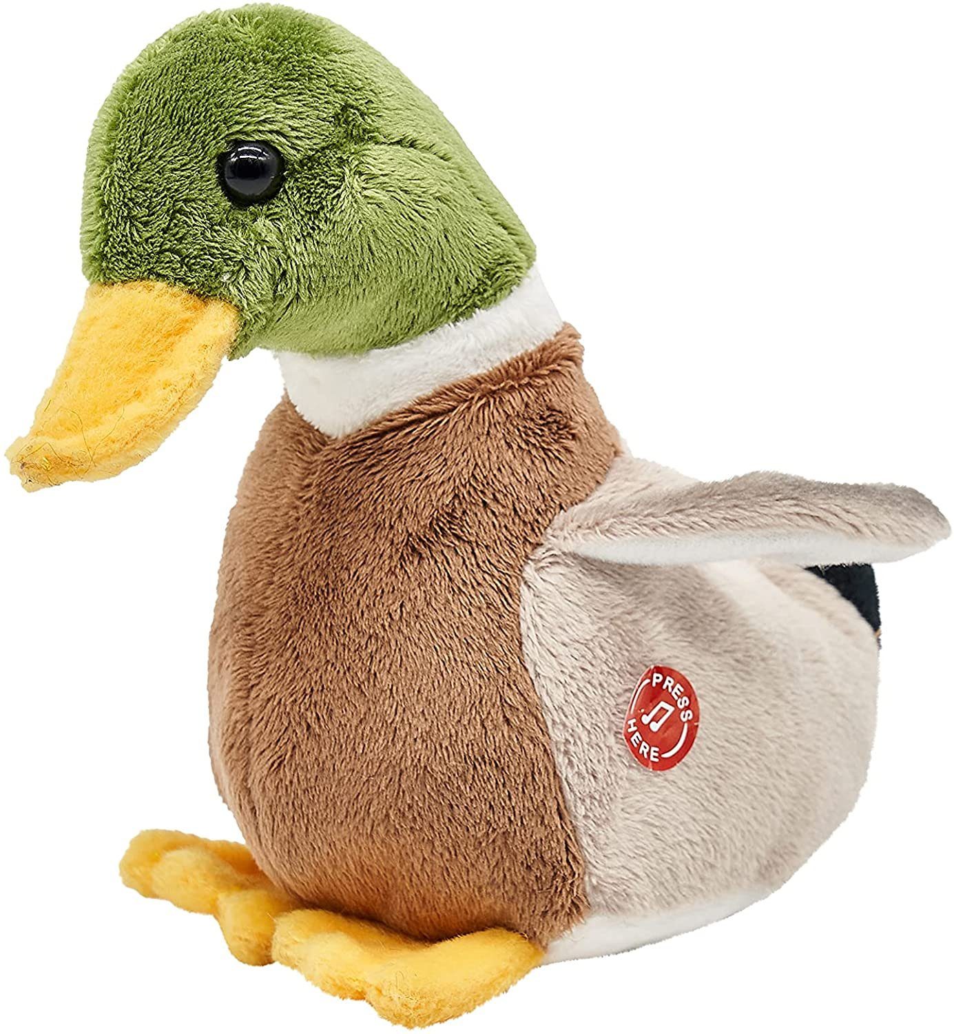 Uni-Toys Kuscheltier Ente mit Stimme - 16 cm (Länge) - Plüsch-Vogel - Plüschtier, zu 100 % recyceltes Füllmaterial!