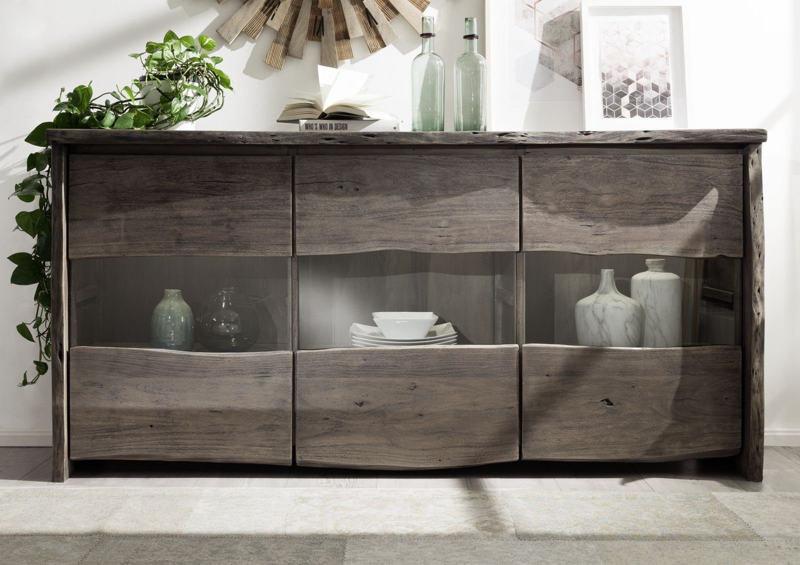 Massivmoebel24 Sideboard PURE ACACIA (Massivholz), Sideboard Akazie 191x45x96 grau lackiert PURE ACACIA #908