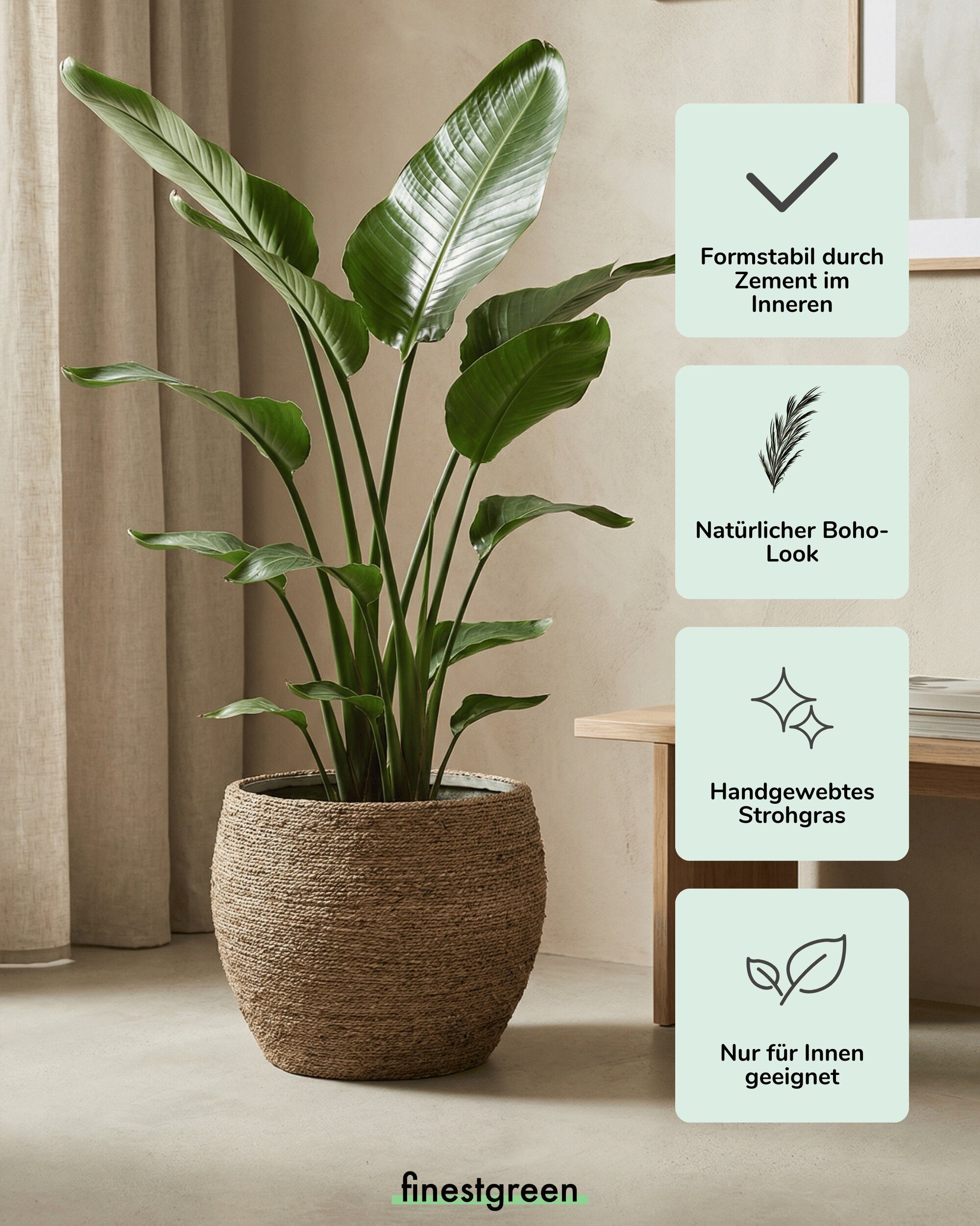 finestgreen Pflanzkübel Abby, Handgewebtes Strohgras, Zementverstärkung innen
