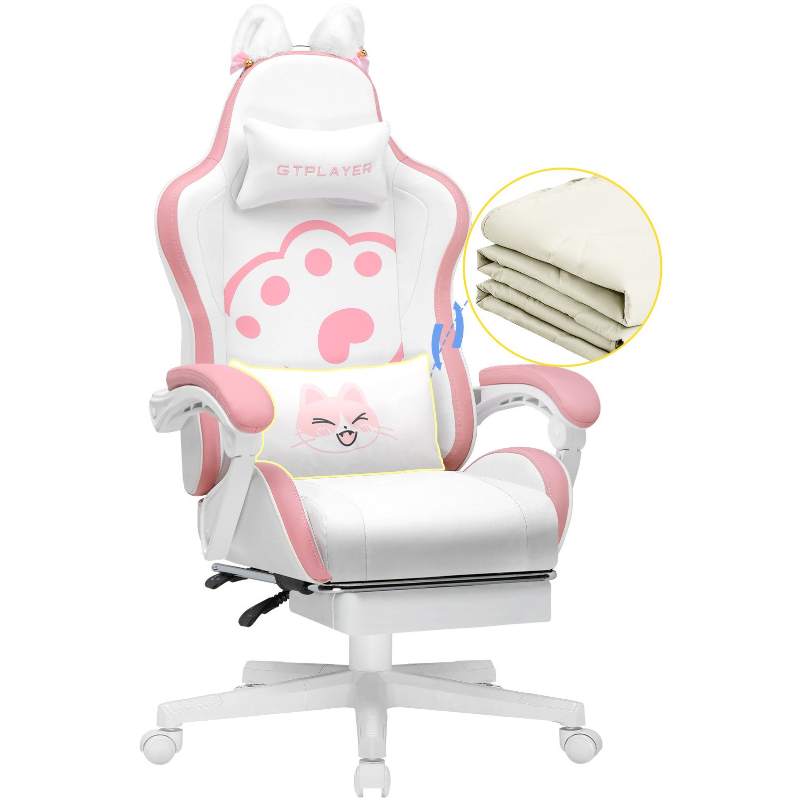 GTPLAYER Gaming-Stuhl mit klappbarer Lordosenstütze und Katzenohren Süße Katze Edition, Ergonomische Gamer Stuhl mit Fußstütze, Computerstuhl Hoher Rückenlehne