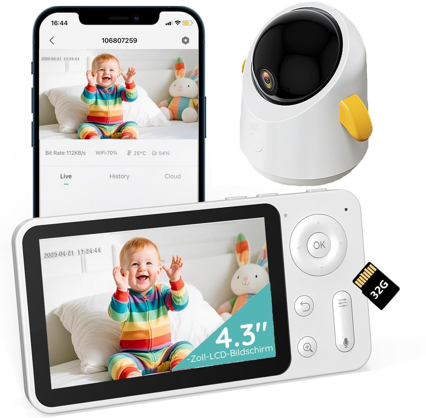 Babyphone 2MP Babyphone mit Kamera und APP 360 Grad 4.3" mit 32G Speicher Karte