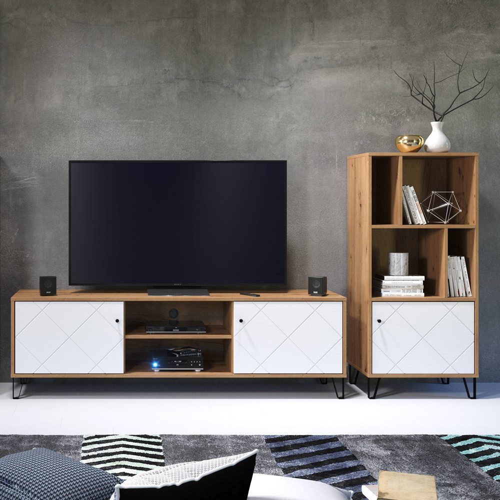 Lomadox Wohnwand TORINO-19, (2-St), modernes Design in Artisan Eiche Nb. mit weiß matt, : 261/136/40 cm