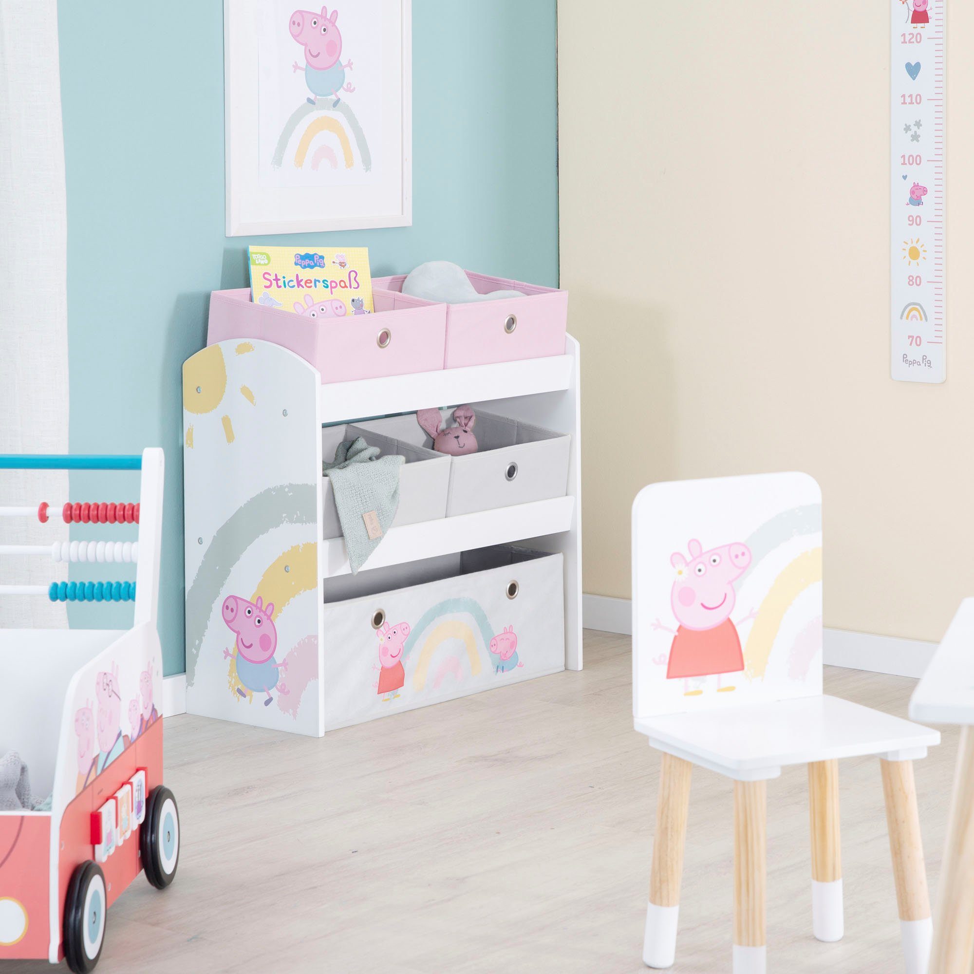 roba® Kinderregal Peppa Pig, weiß, inklusive 5 Stoffboxen in 2 Größen
