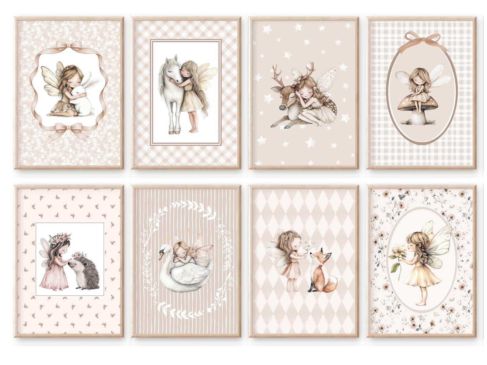 homestyle-accessoires Mehrteilige Bilder Kinderzimmer Bilderwand 8erSet Bilderset Babyzimmer KLEINE ELFEN, Hochformat, Künstlerpapier, ohne Rahmen